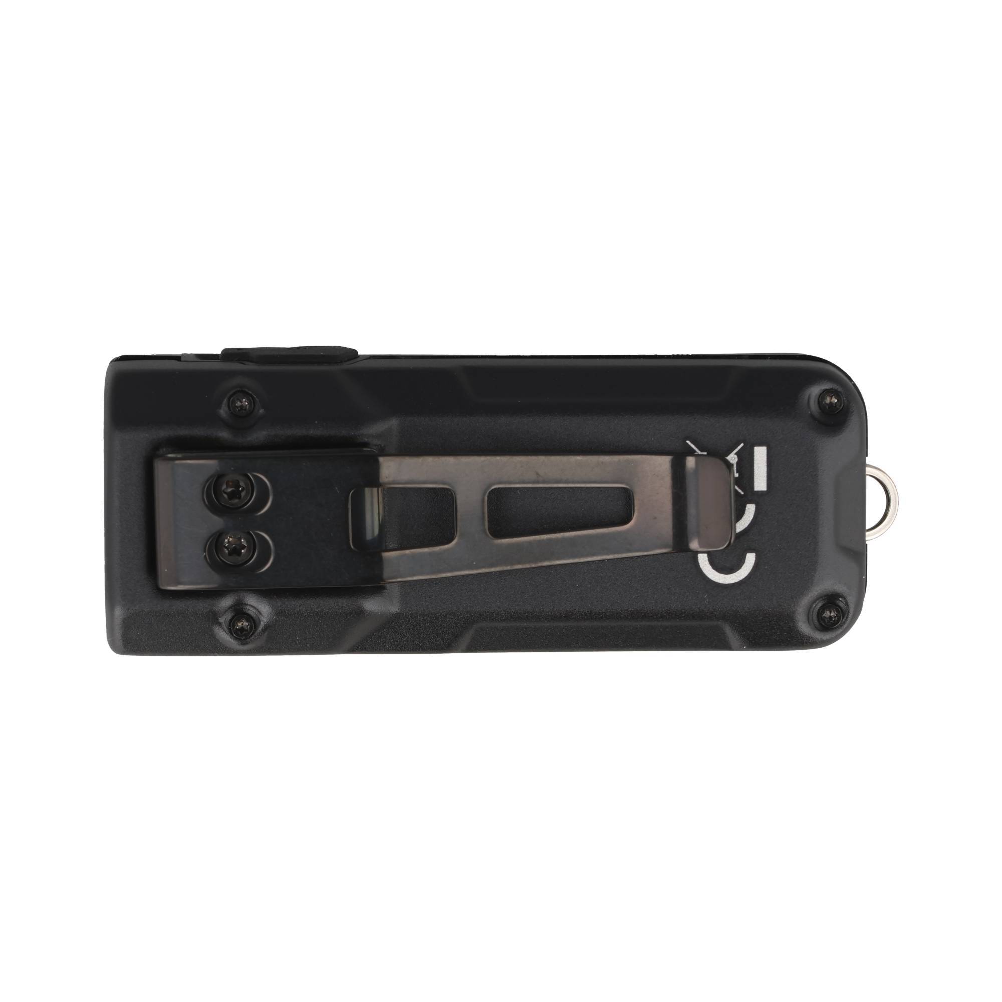 Schwarzes rechteckiges Gürtelclip oder Befestigungszubehör, das auf weißem Hintergrund gezeigt wird, mit Metallfedern-Clip und Schraubenbefestigern.