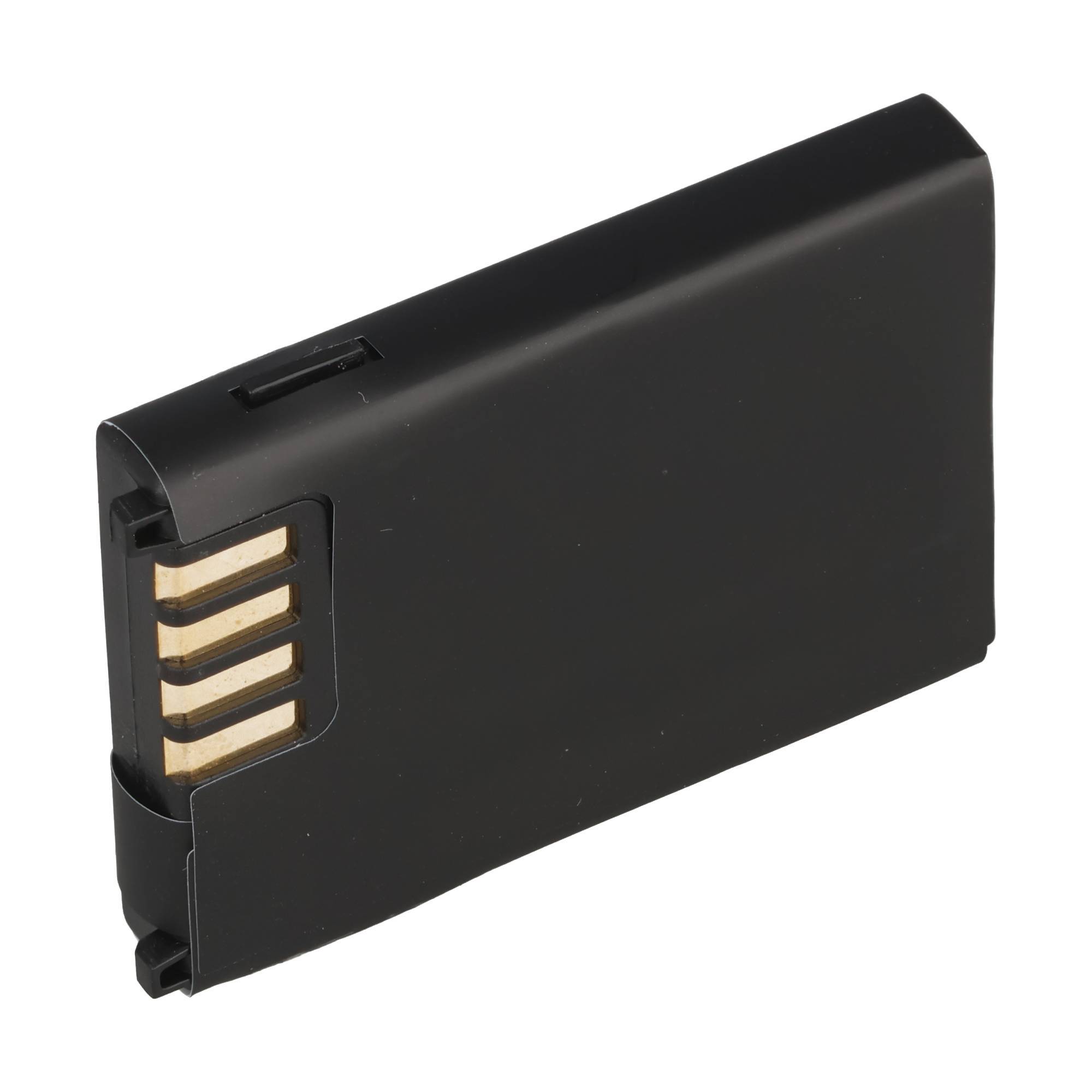 Schwarzes rechteckiges wiederaufladbares Batterieset mit freiliegenden goldenen Kontaktterminals an einem Ende.