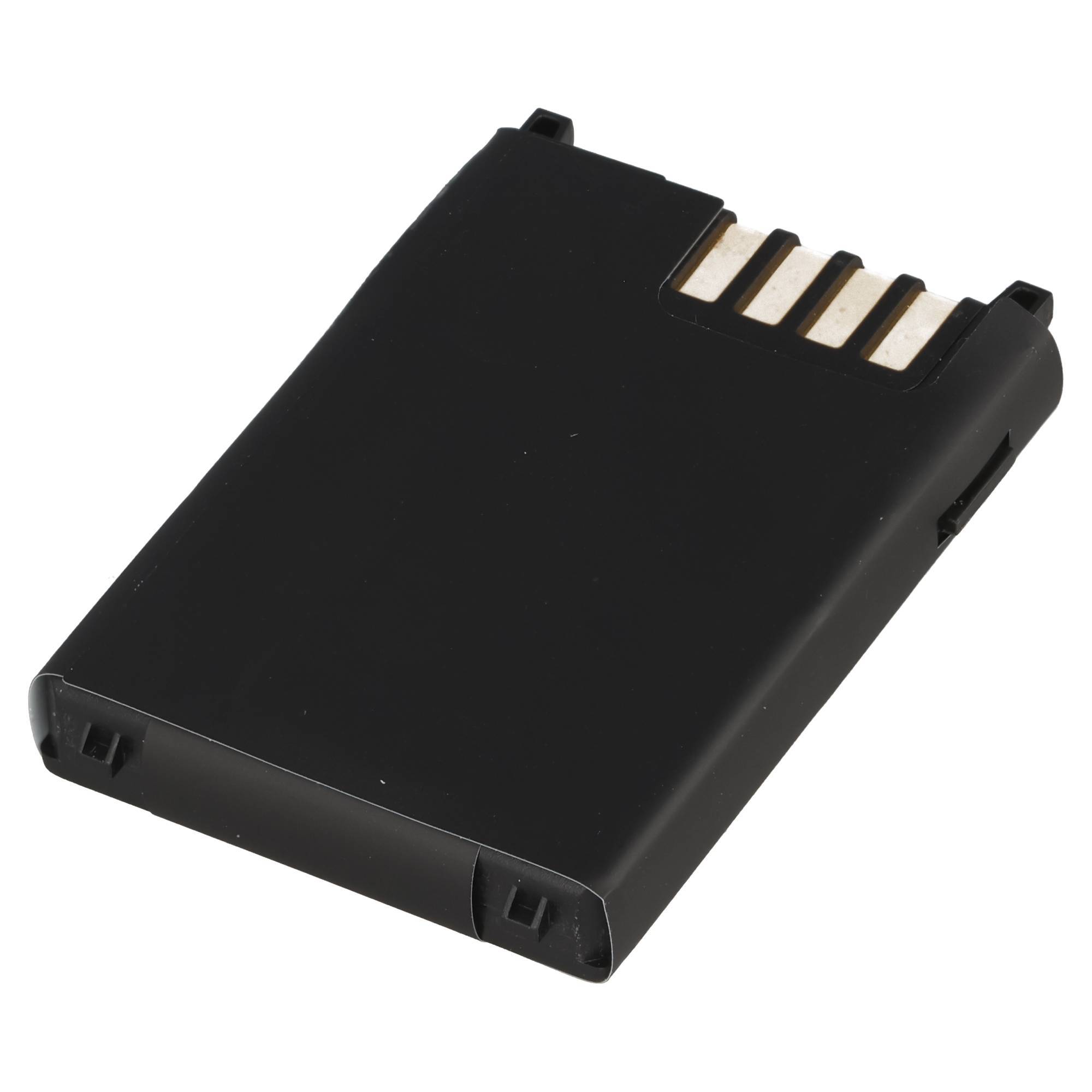 Schwarze rechteckige wiederaufladbare Batteriepuppe mit vier Metallkontakten an der Oberseite, isoliert auf weißem Hintergrund dargestellt.