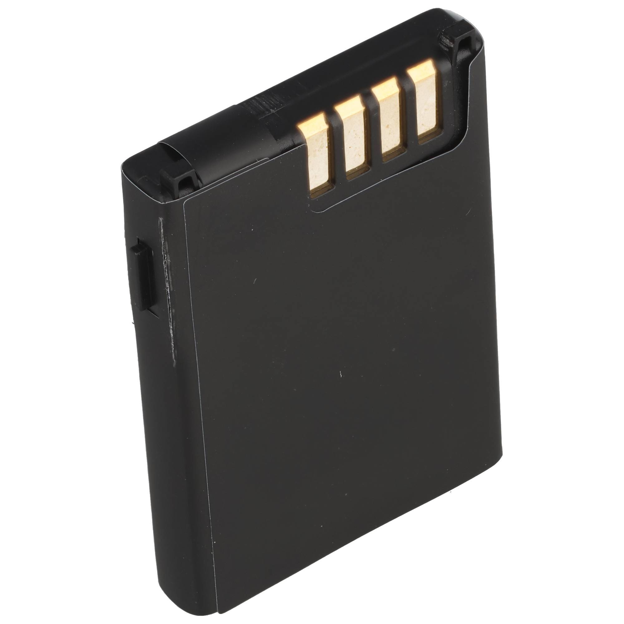 Schwarzes wiederaufladbares Batteriepack mit goldenen Kontakten auf weißem Hintergrund dargestellt.