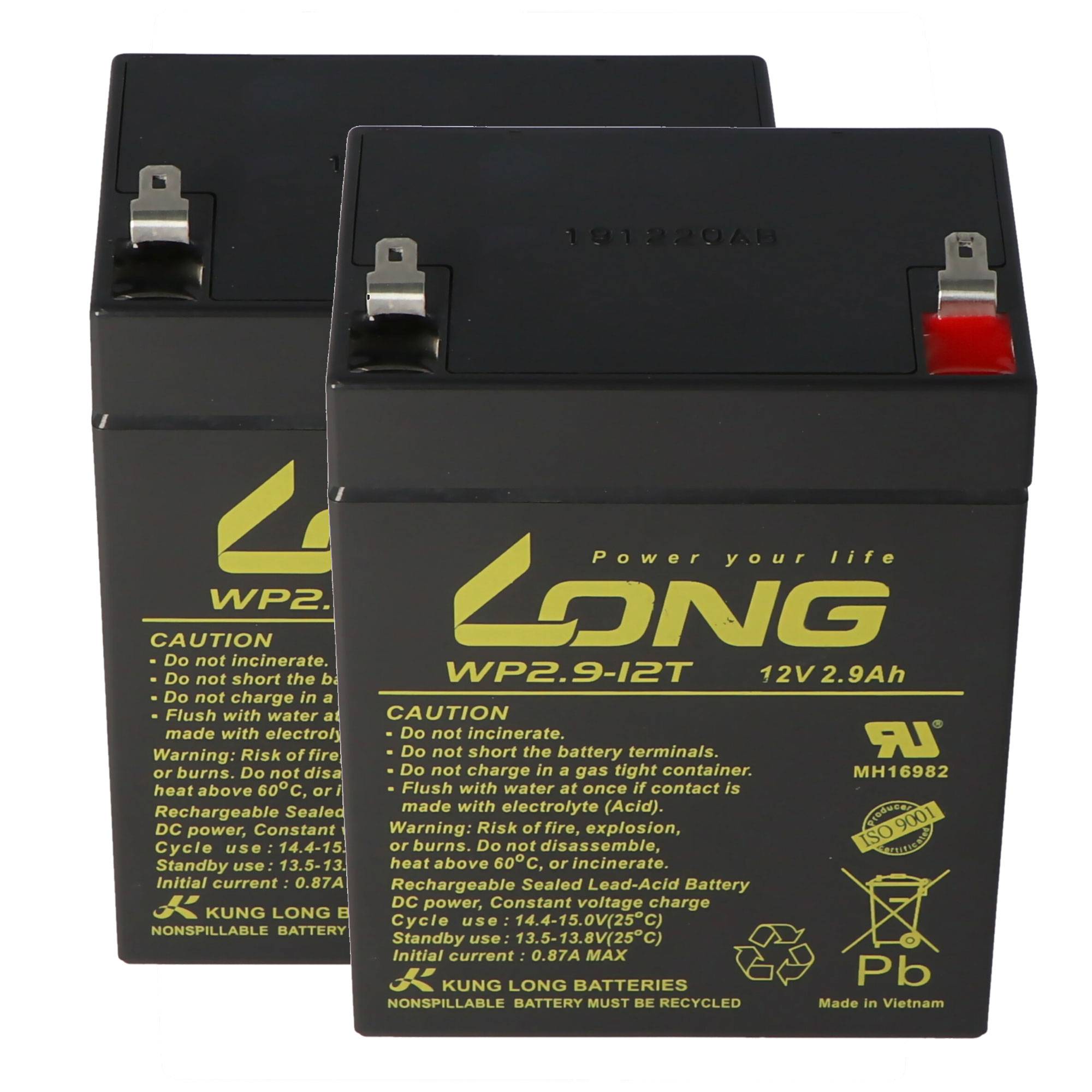 Zwei schwarze wiederaufladbare Blei-Säure-Batterien mit der Bezeichnung LONG WP2.9-12T, 12V 2,9Ah, dargestellt mit Metallklemmen.