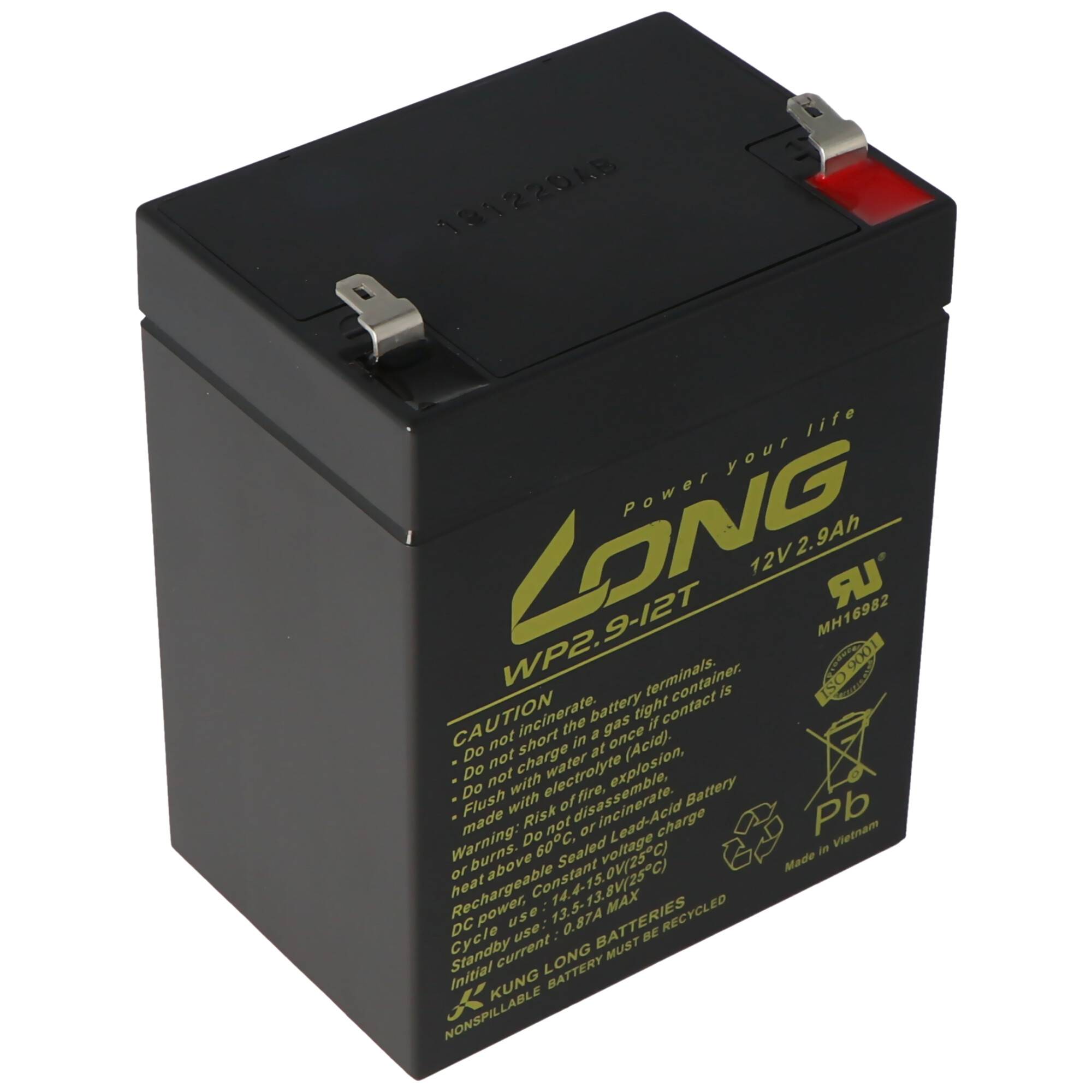 Schwarze wiederaufladbare versiegelte Bleisäurebatterie mit der Aufschrift „LONG" WP2.9-12T 12V 2,9Ah mit Metallklemmen oben.