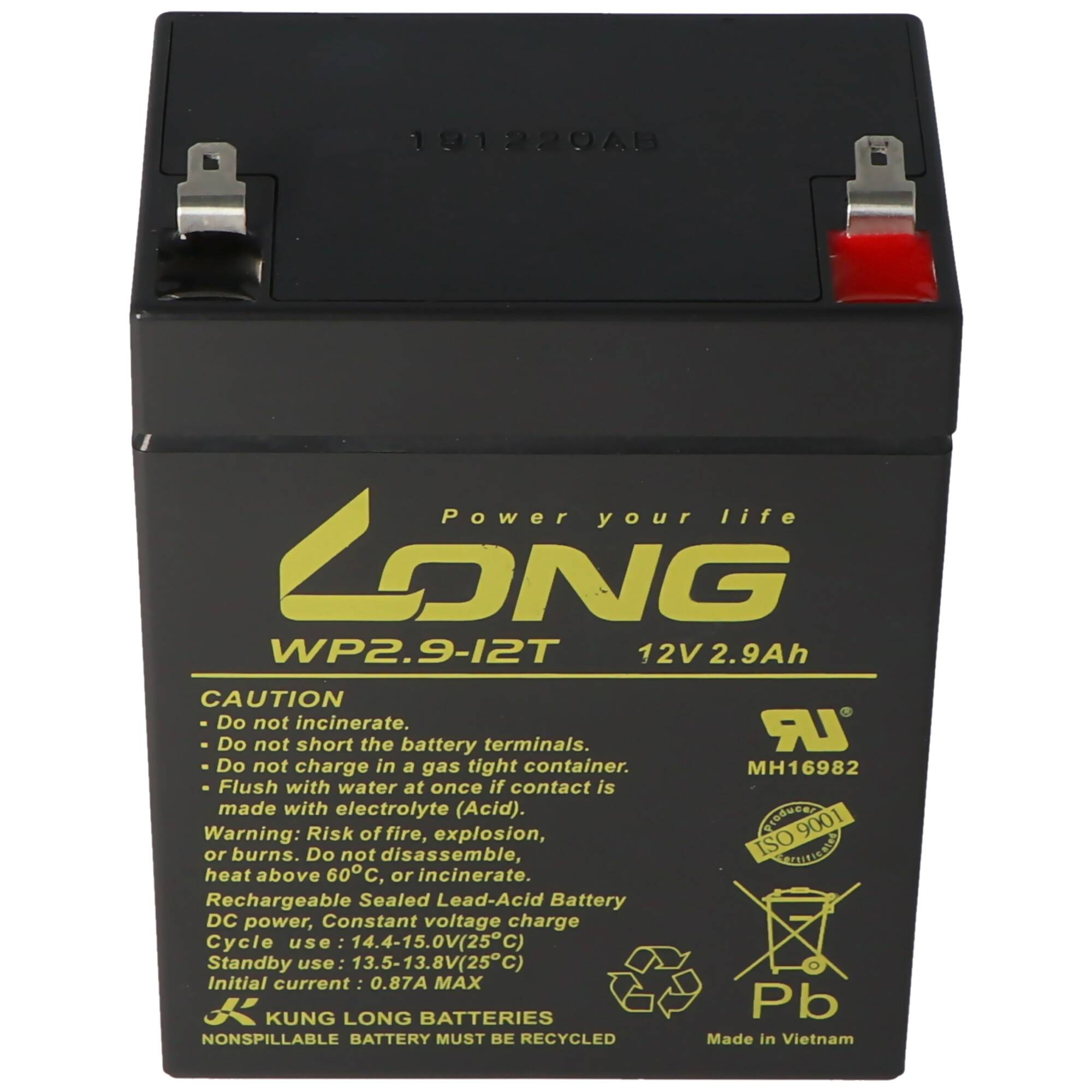 Schwarze LONG WP2.9-12T 12V 2,9Ah versiegelte Bleisäure-Batterie mit roten und silbernen Anschlüssen und Warnetiketten.