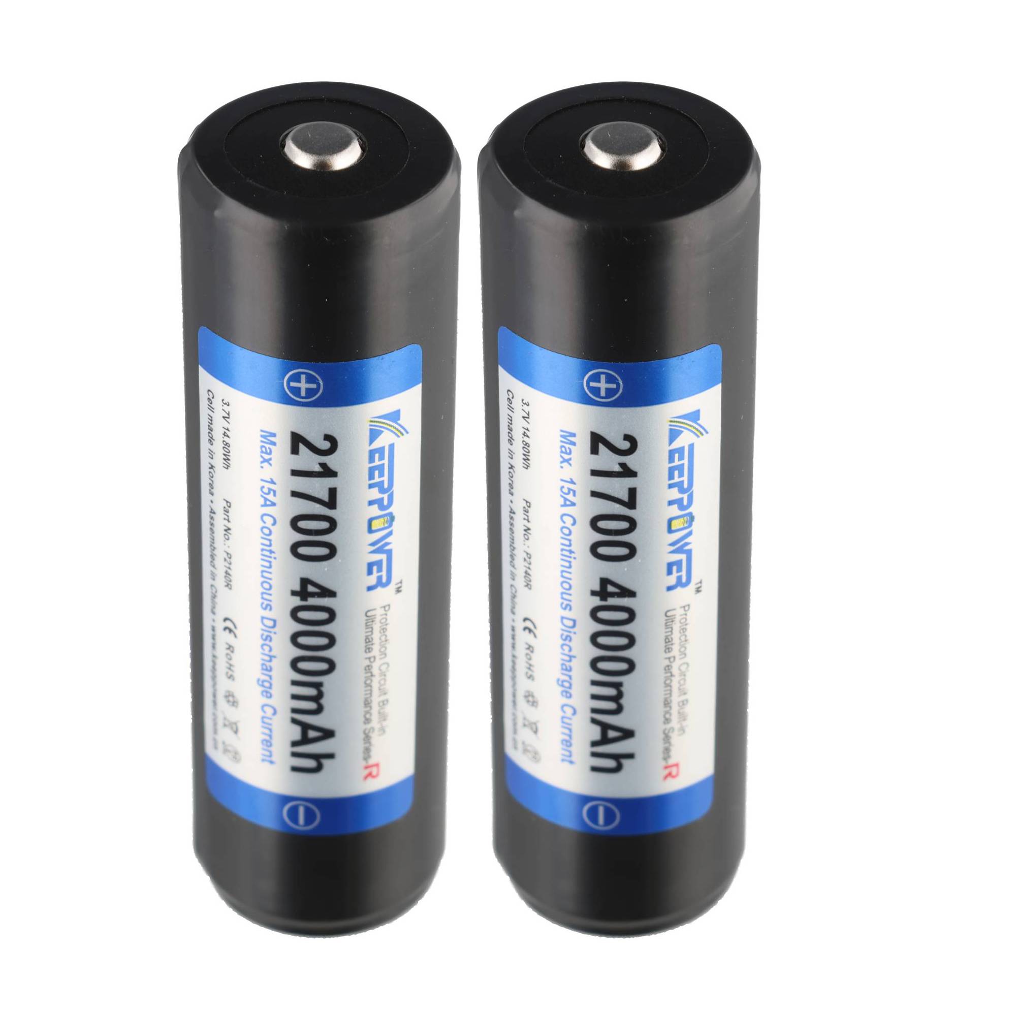 Zwei schwarze 21700 wiederaufladbare Batterien mit der Bezeichnung 4000mAh, aufrecht nebeneinander auf weißem Hintergrund dargestellt.