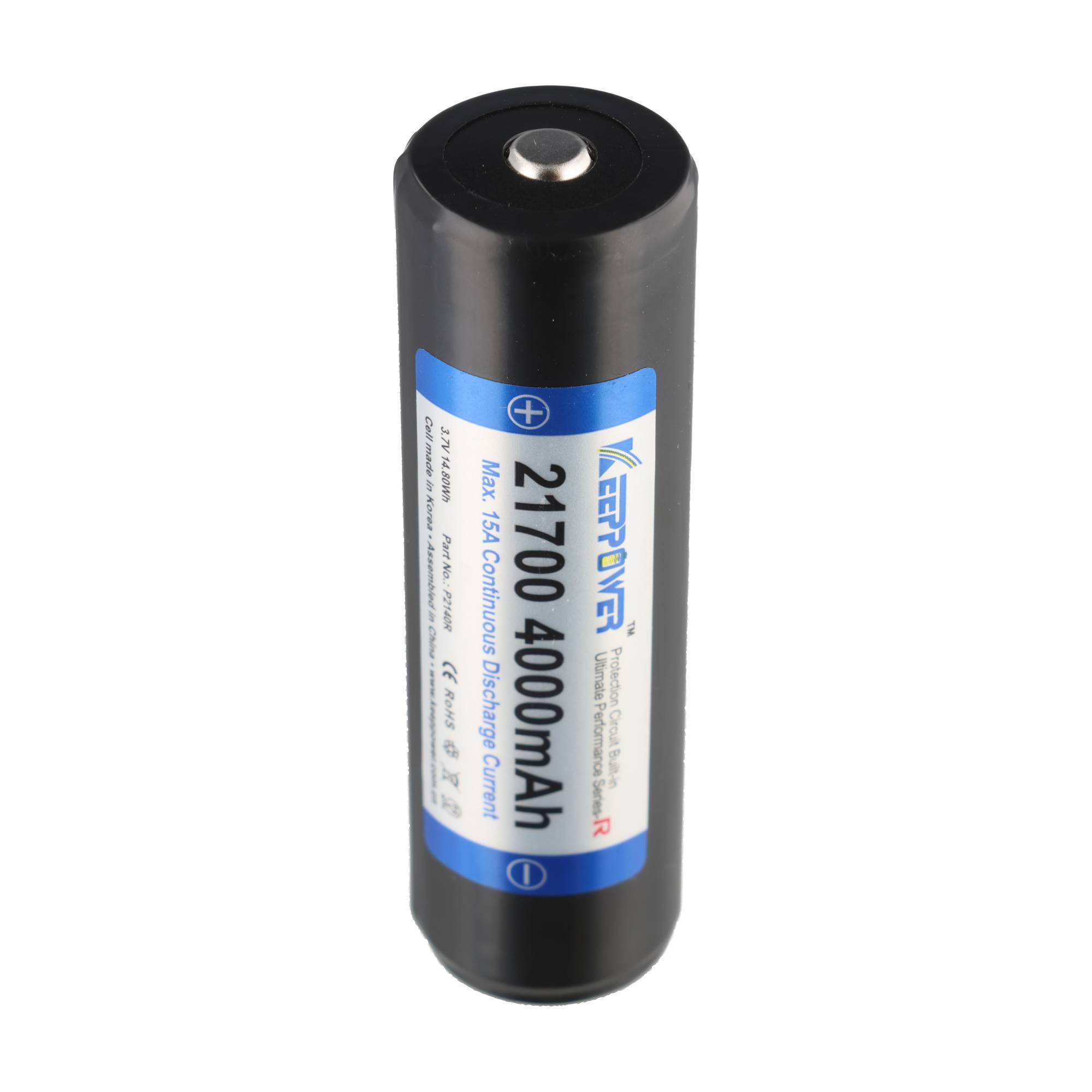 Schwarze KeepPower 21700 Lithium-Ionen-Batterie mit der Bezeichnung „4000mAh" auf weißem Hintergrund.