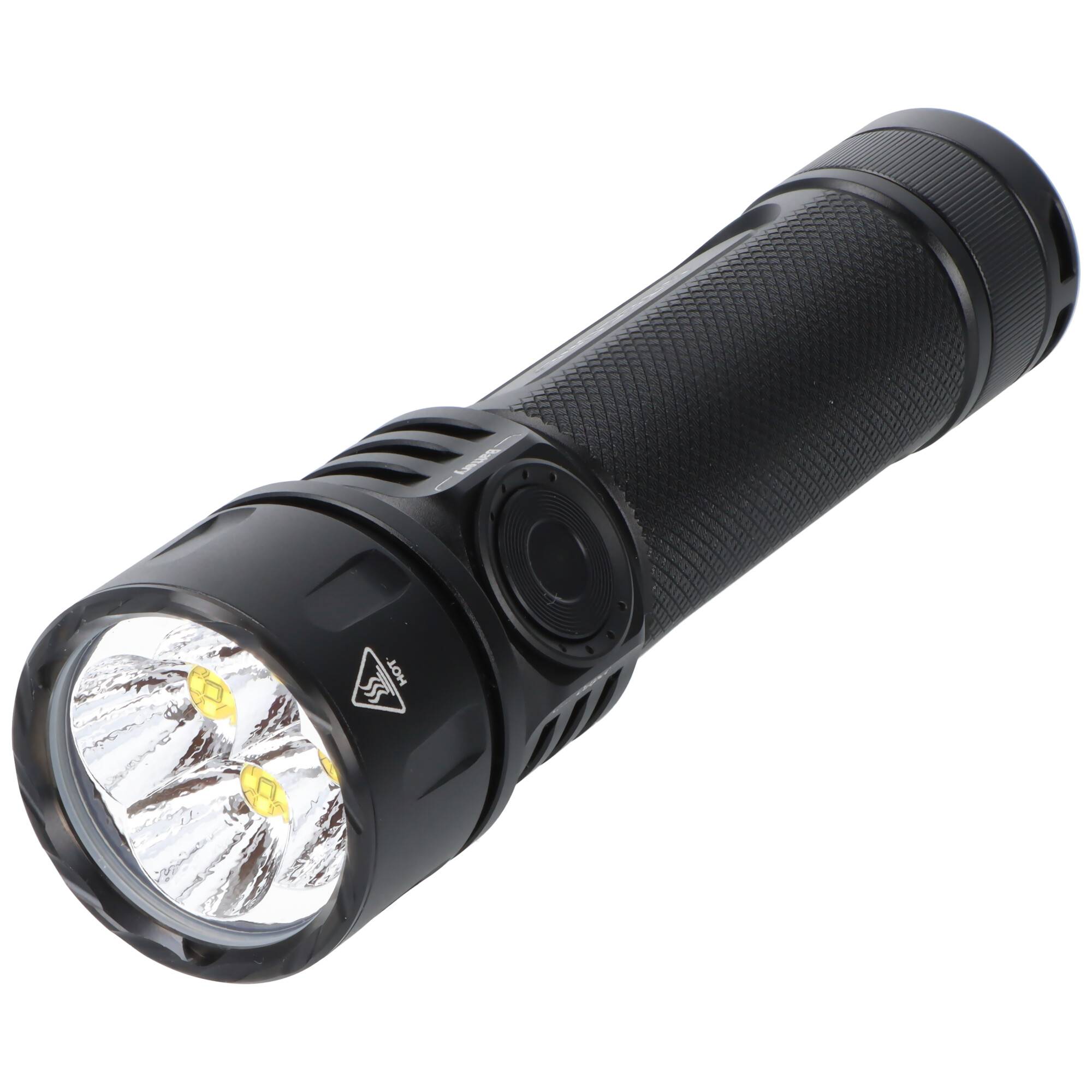 Schwarze tragbare Taschenlampe mit strukturiertem Griff und seitlicher Netzschalter, auf weißem Hintergrund dargestellt.