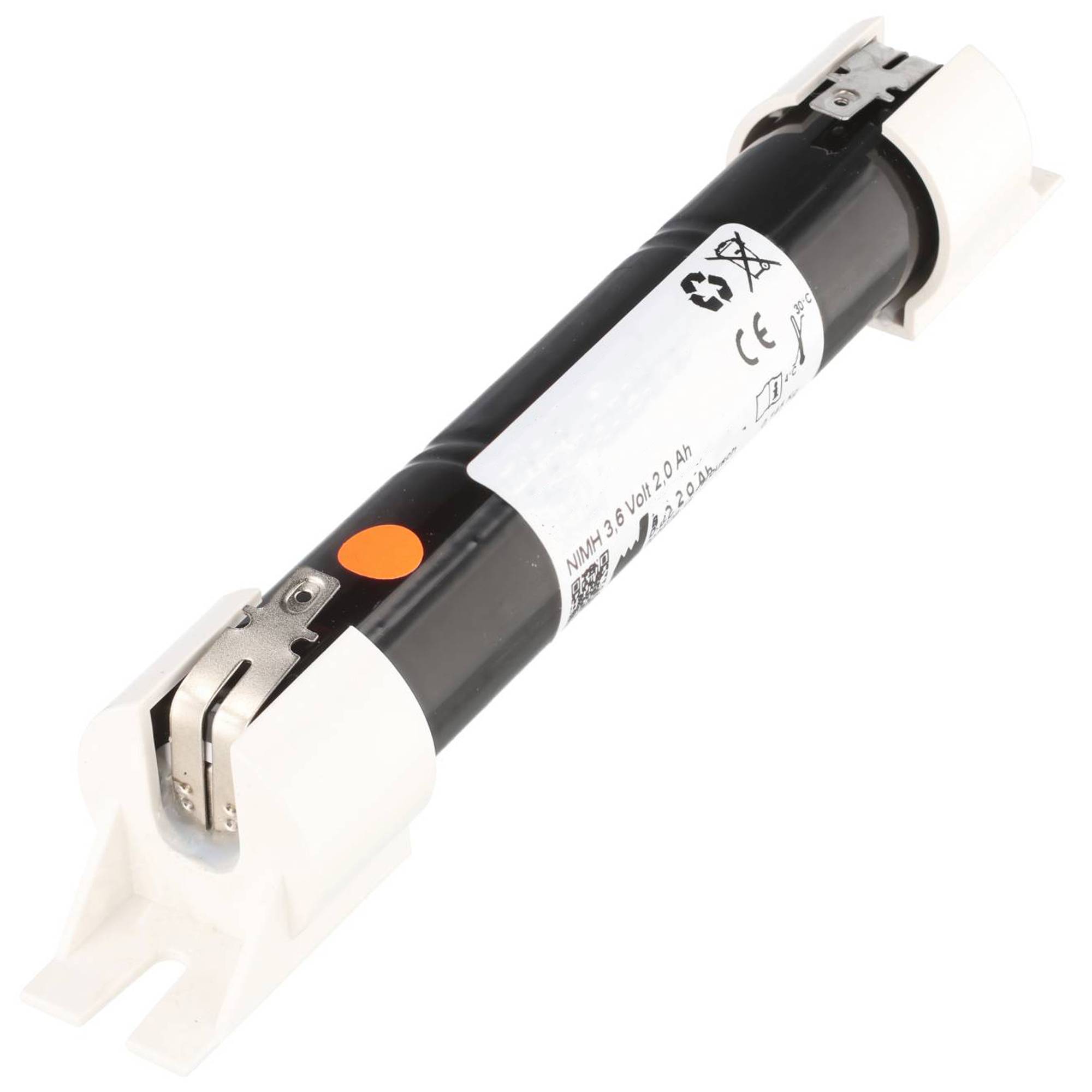 Zylindrisches Batteriepaket mit schwarzem Gehäuse und weißen Endkappen, gezeigt auf einfachem weißem Hintergrund.