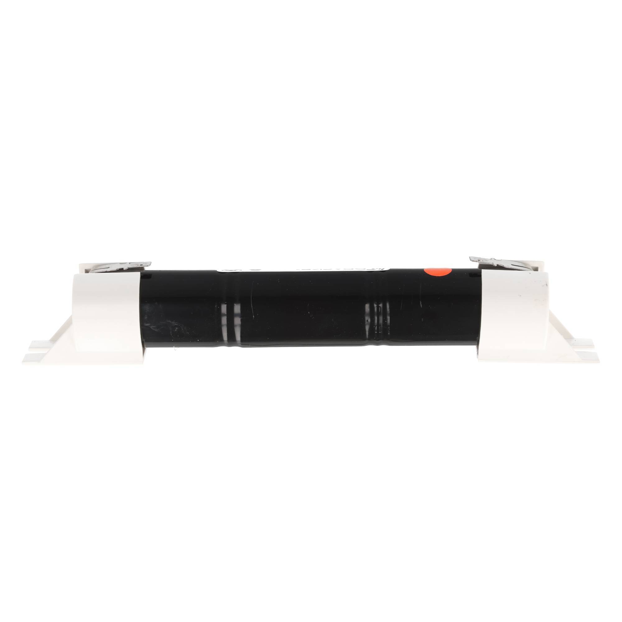 Schwarze zylindrische Patrone oder Batterie mit weißen Endkappen, horizontal auf einem schlichten weißen Hintergrund dargestellt.