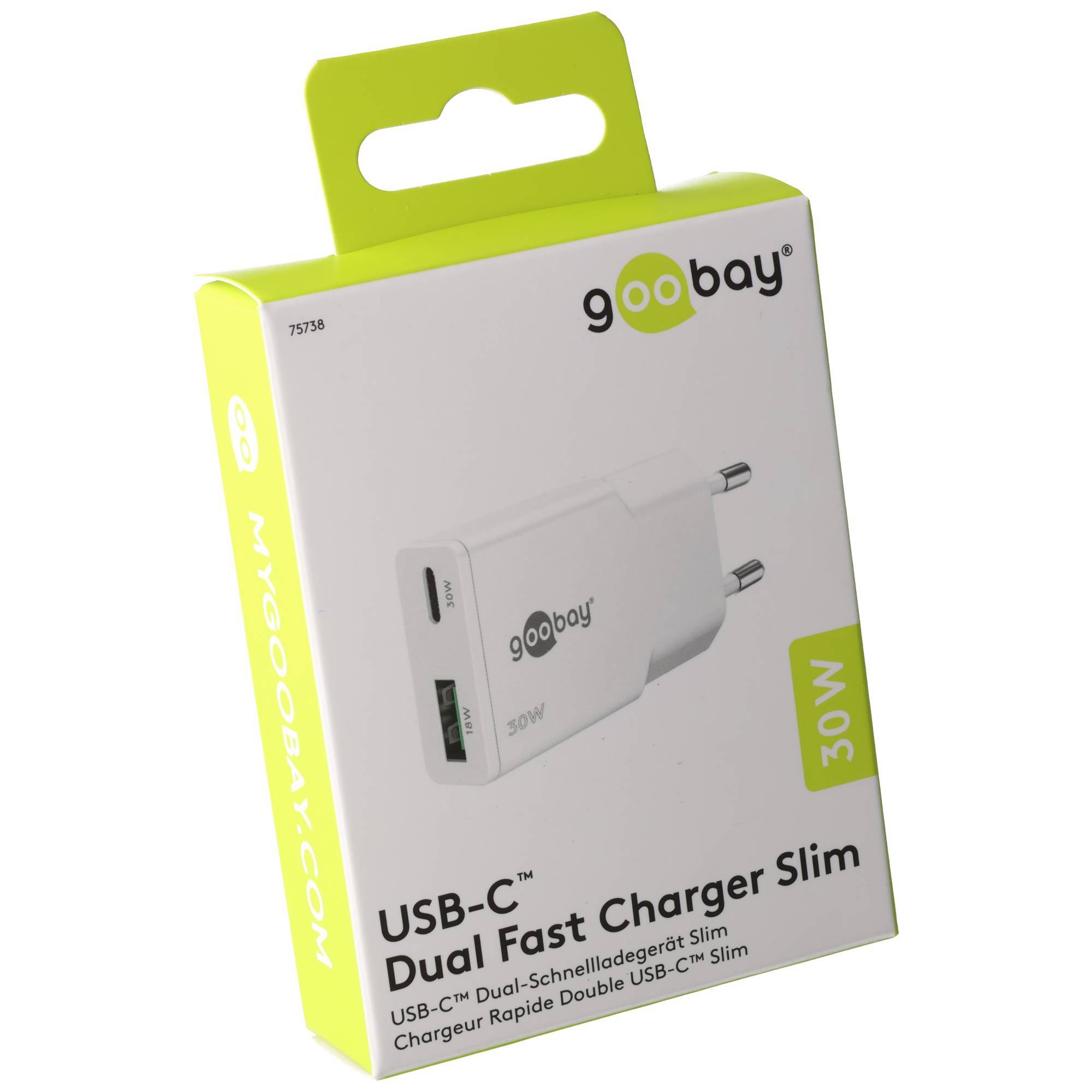 Verpackung für ein Goobay USB-C Dual-Schnellladegerät Slim, 30W weiße Wandladegerät mit europäischem Stecker.