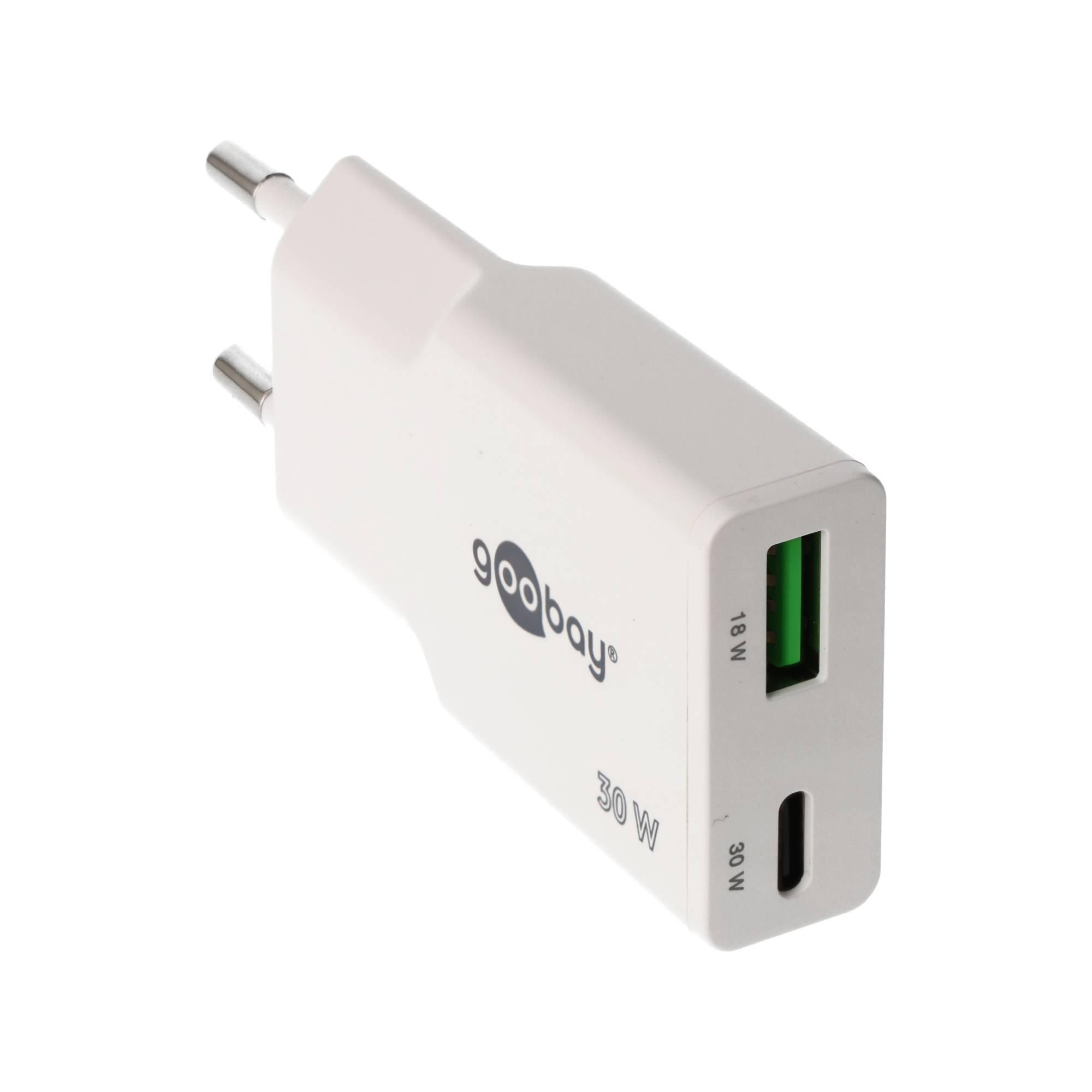 Weißes 30W Goobay-Wandladegerät mit USB-A- und USB-C-Anschlüssen, abgebildet auf weißem Hintergrund.