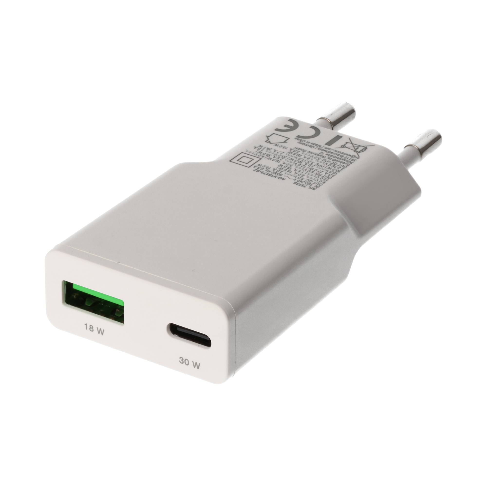 Weißes USB-Wandladegerät mit EU-Stecker, ein USB-A-Anschluss und ein USB-C-Anschluss mit Beschriftung 18 W und 30 W.