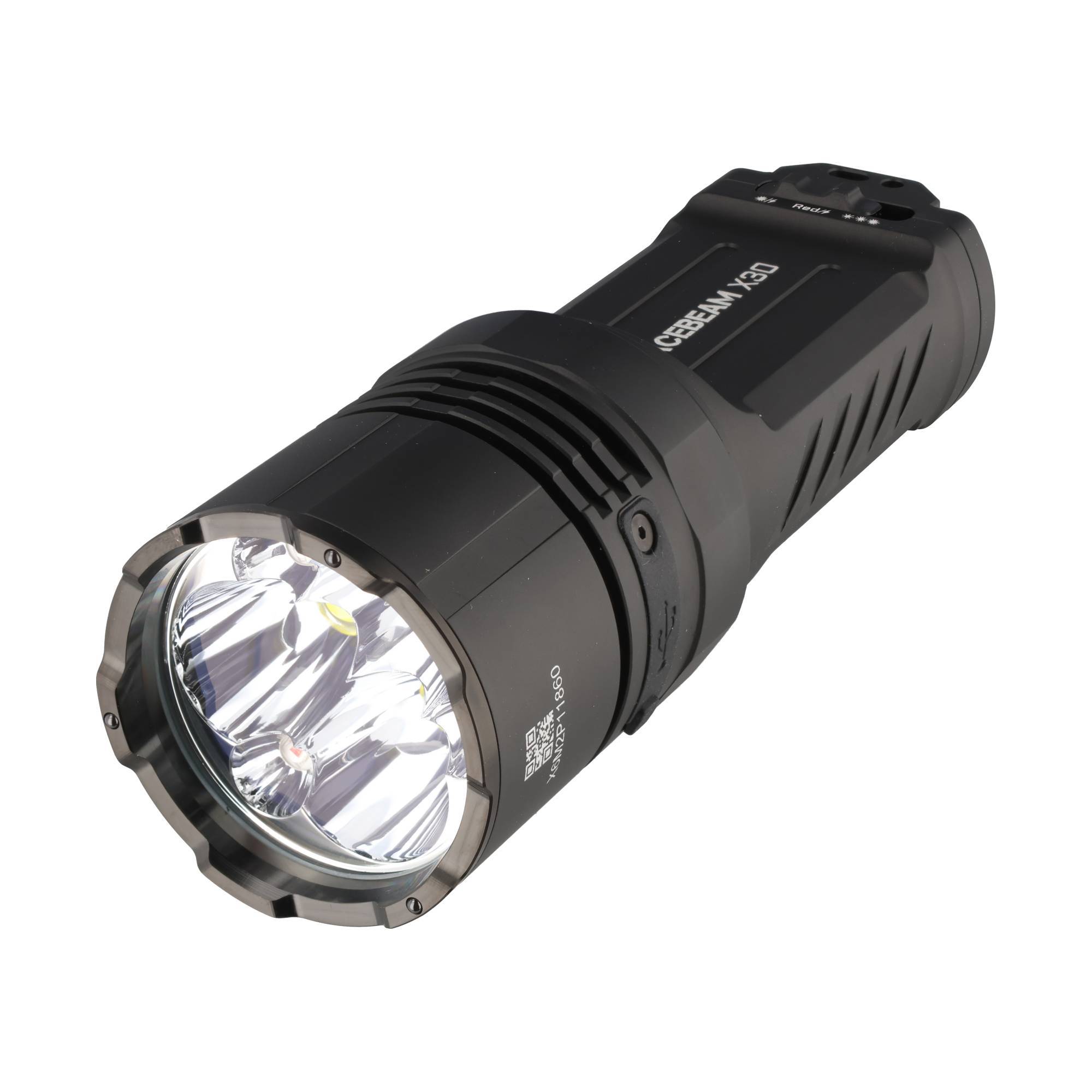 Schwarze tragbare Taschenlampe mit großem Reflektor und LED-Birne, auf weißem Hintergrund dargestellt.