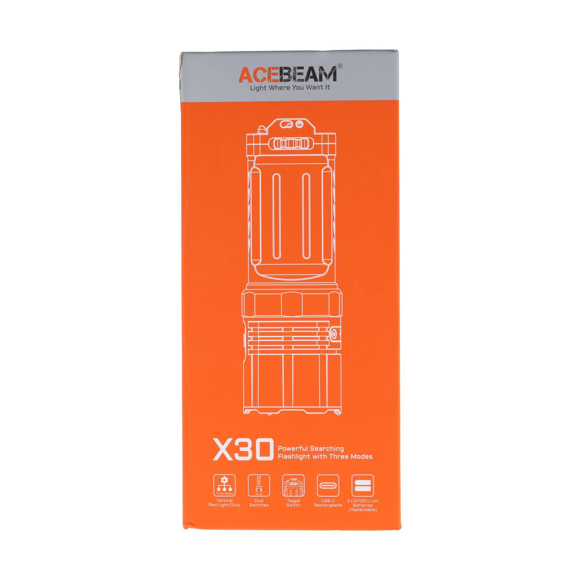 Karton einer ACEBEAM X30 leistungsstarken Suchleuchte mit drei Modi, gezeigt in orange-grauer Verpackung mit einer Linienzeichnung des Lichts.