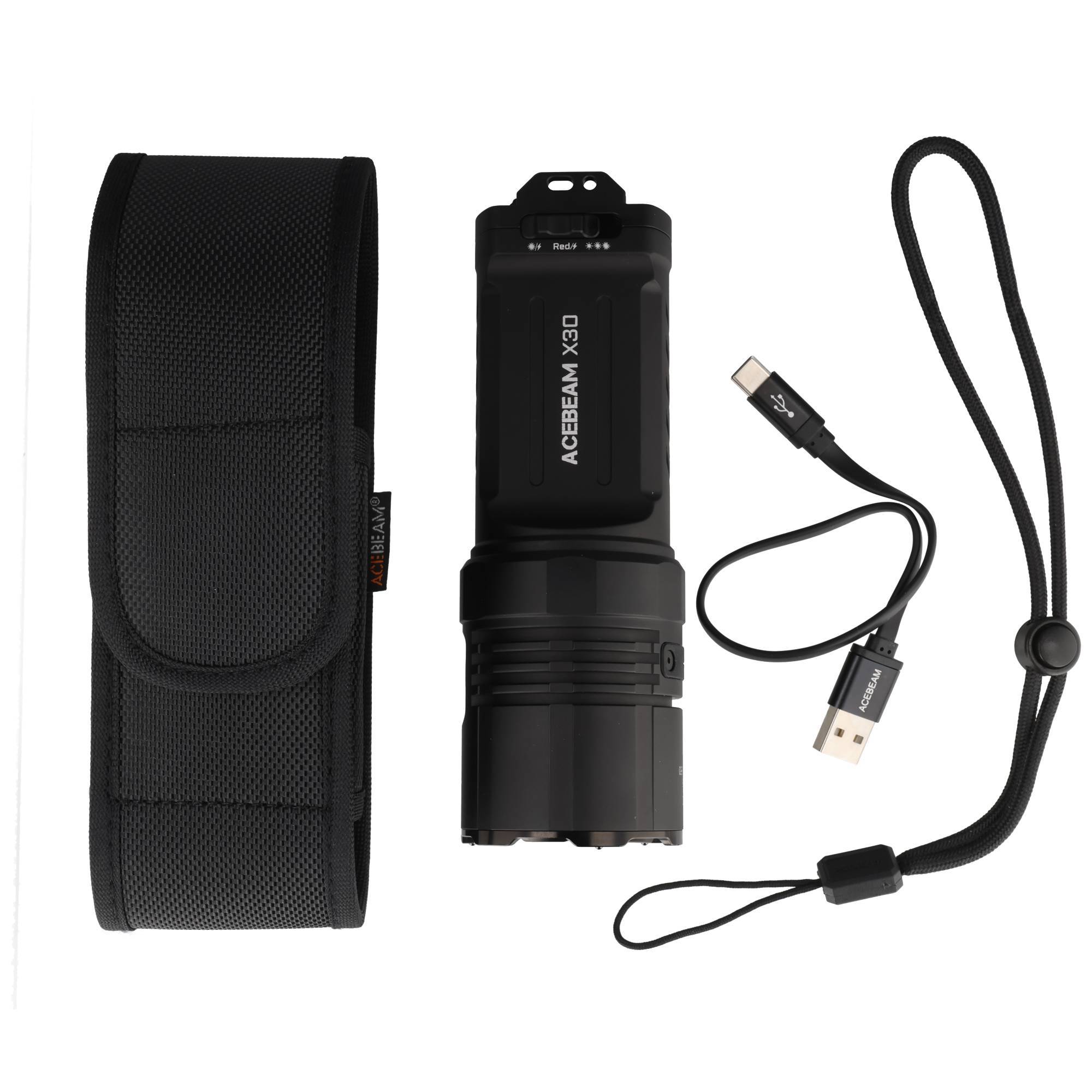 ACEBEAM X30 Taschenlampen-Set mit Tragetasche, USB-Kabel und Handgelenkschlaufe auf weißem Hintergrund.