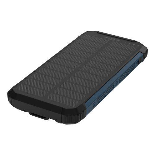 Schwarzes robustes, solarbetriebenes tragbares Ladegerät oder Powerbank auf weißem Hintergrund.