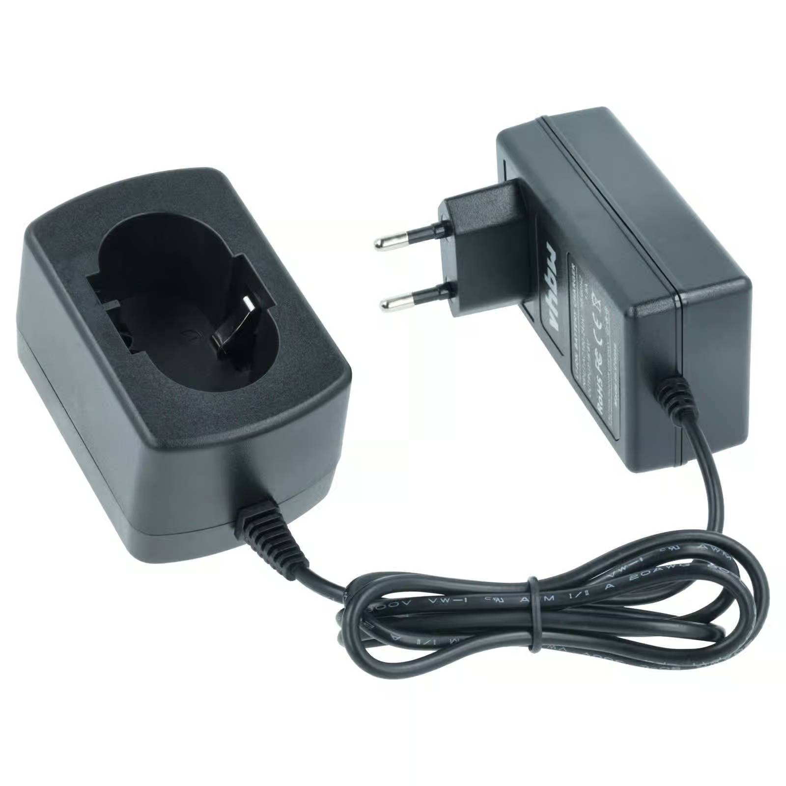 Schwarzer Stromadapter mit zweipoligem Stecker und passender Ladestation/Basis, verbunden durch ein Spiralkabel auf weißem Hintergrund.