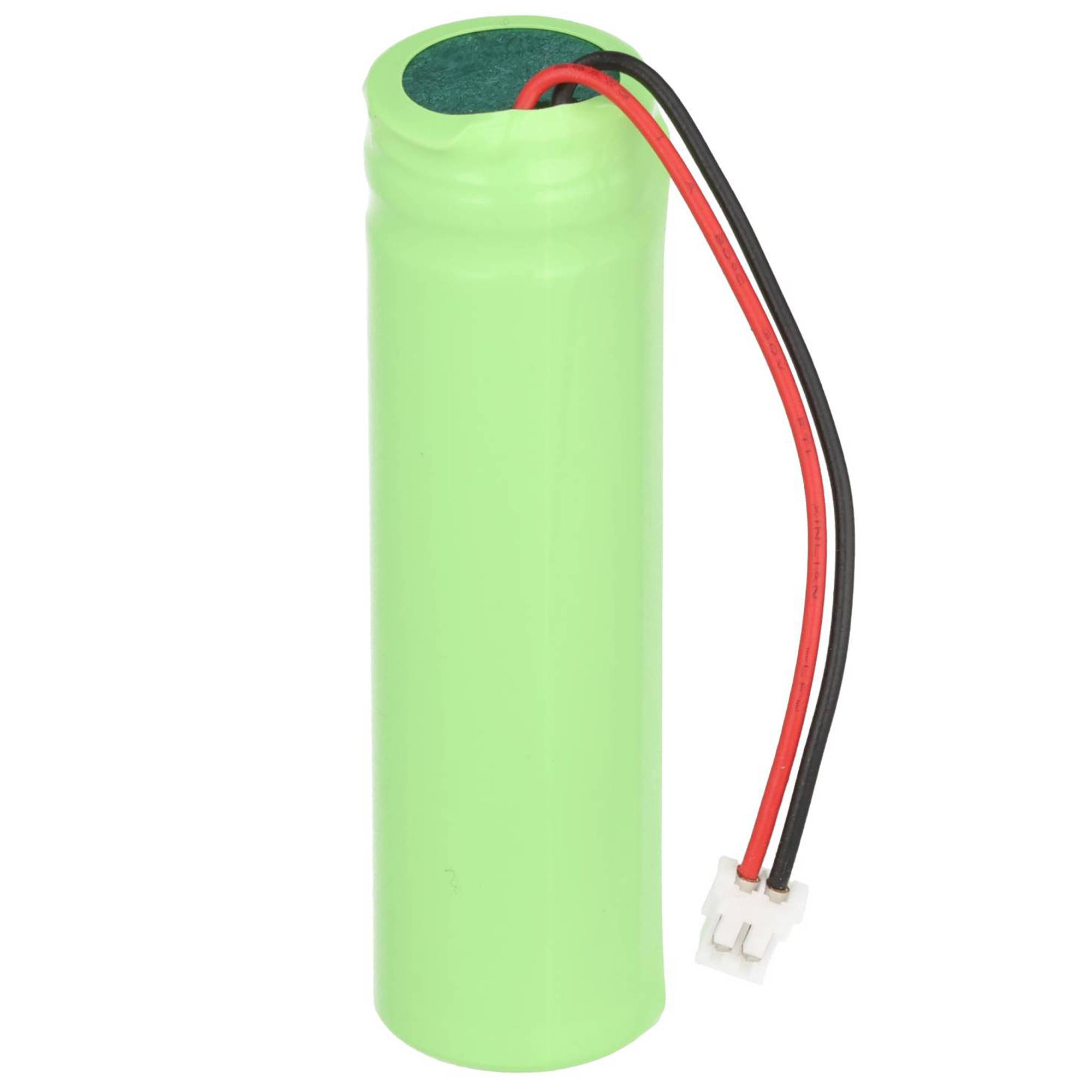 Grüne zylindrische wiederaufladbare Batteriezelle mit roten und schwarzen Drähten und einem kleinen weißen Anschluss angebracht.