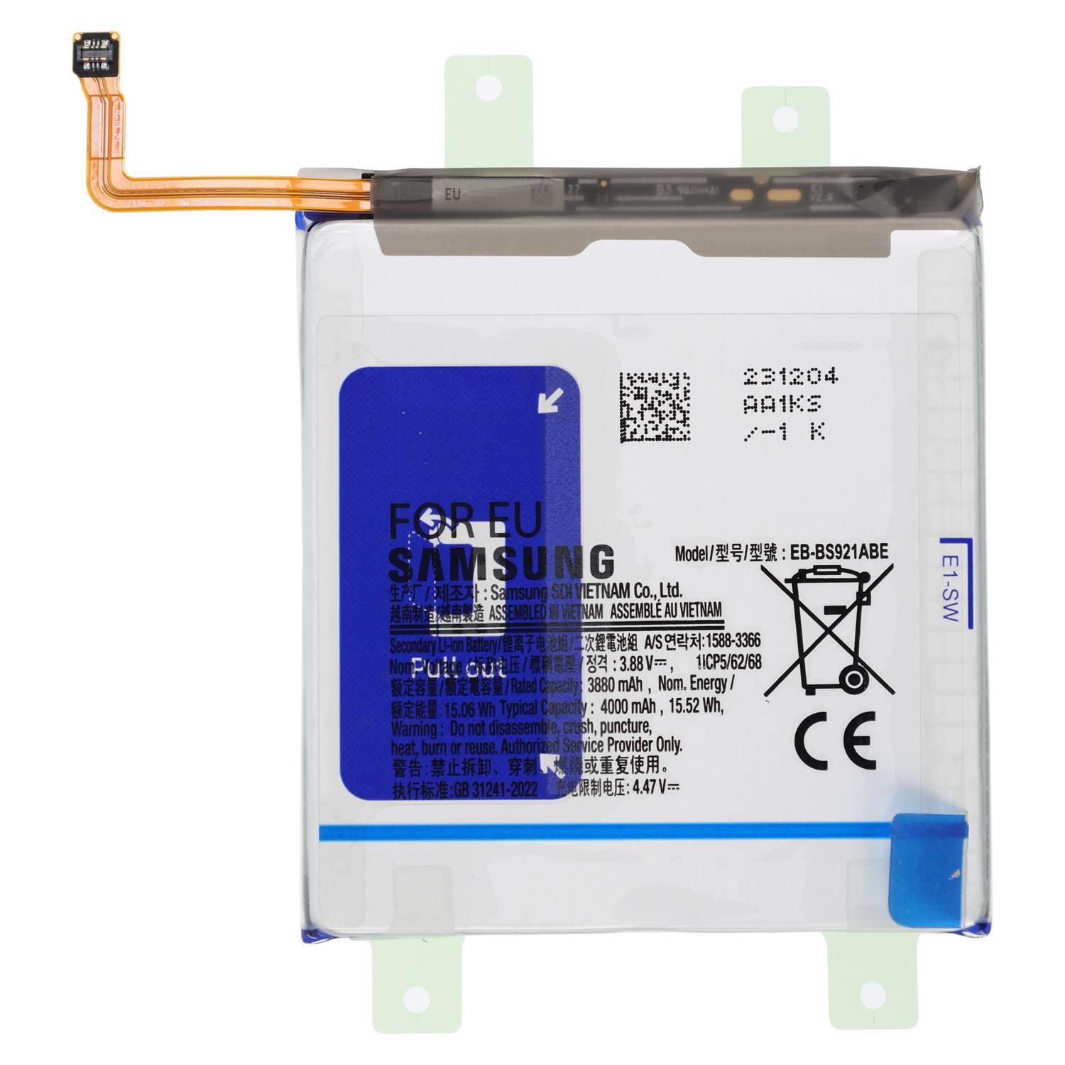 Samsung Smartphone-Akku mit Flexkabel und Stecker, Modell EB-BS921ABE, Nennleistung 4000 mAh, 15,52 Wh.