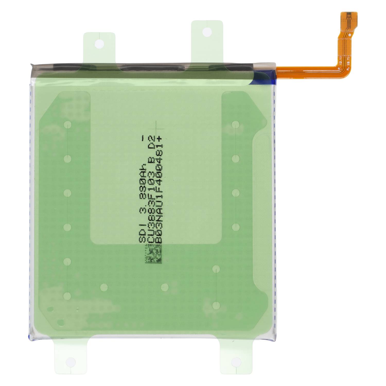 Grünes rechteckiges Lithium-Polymer-Akkupack mit orangefarbigem Anschlusslasche und bedrucktem Etikett, dargestellt auf weißem Hintergrund.