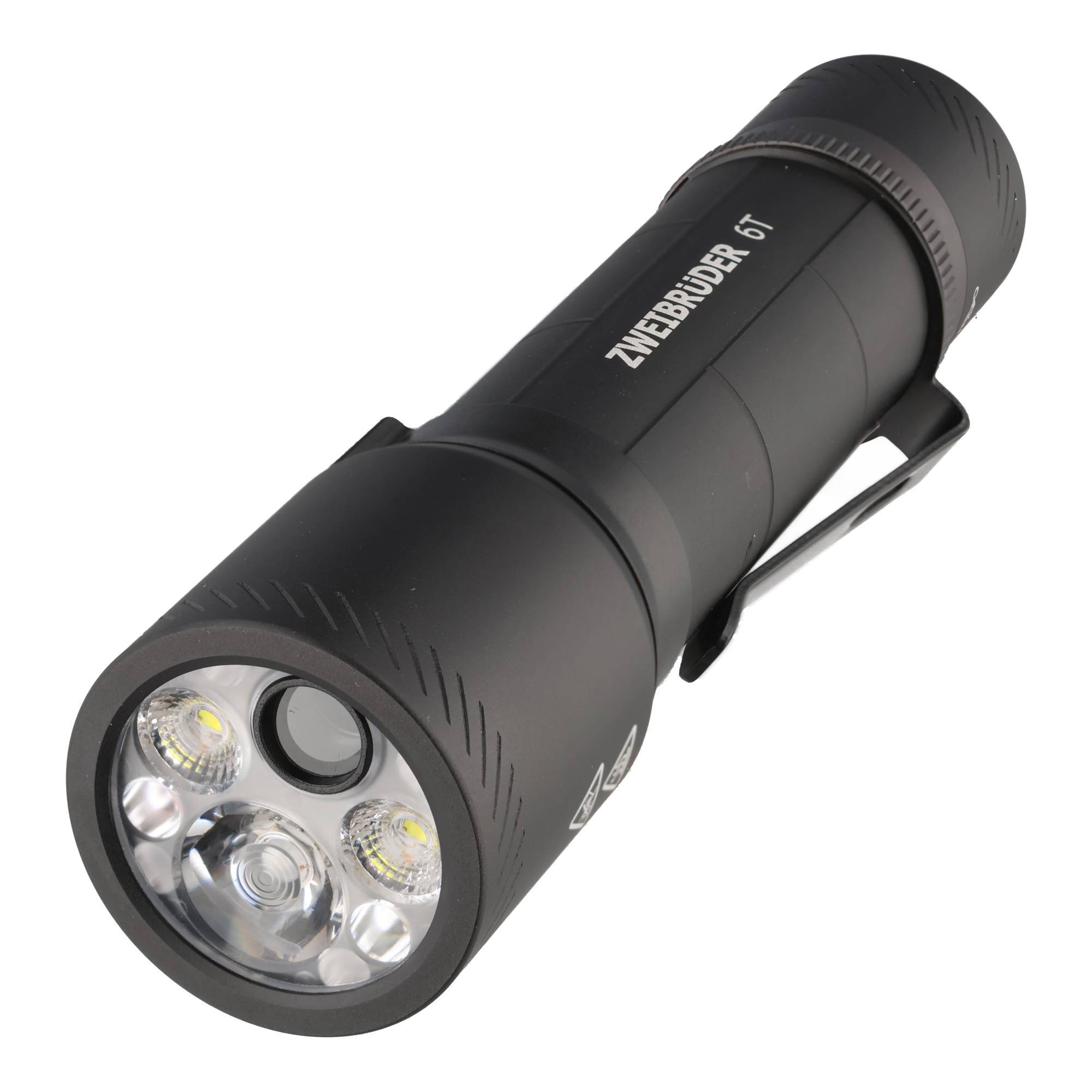 Schwarze ZWIEBRODER 6T tragbare Taschenlampe mit mehreren LED-Birnen und einer Seitenklemme auf weißem Hintergrund.