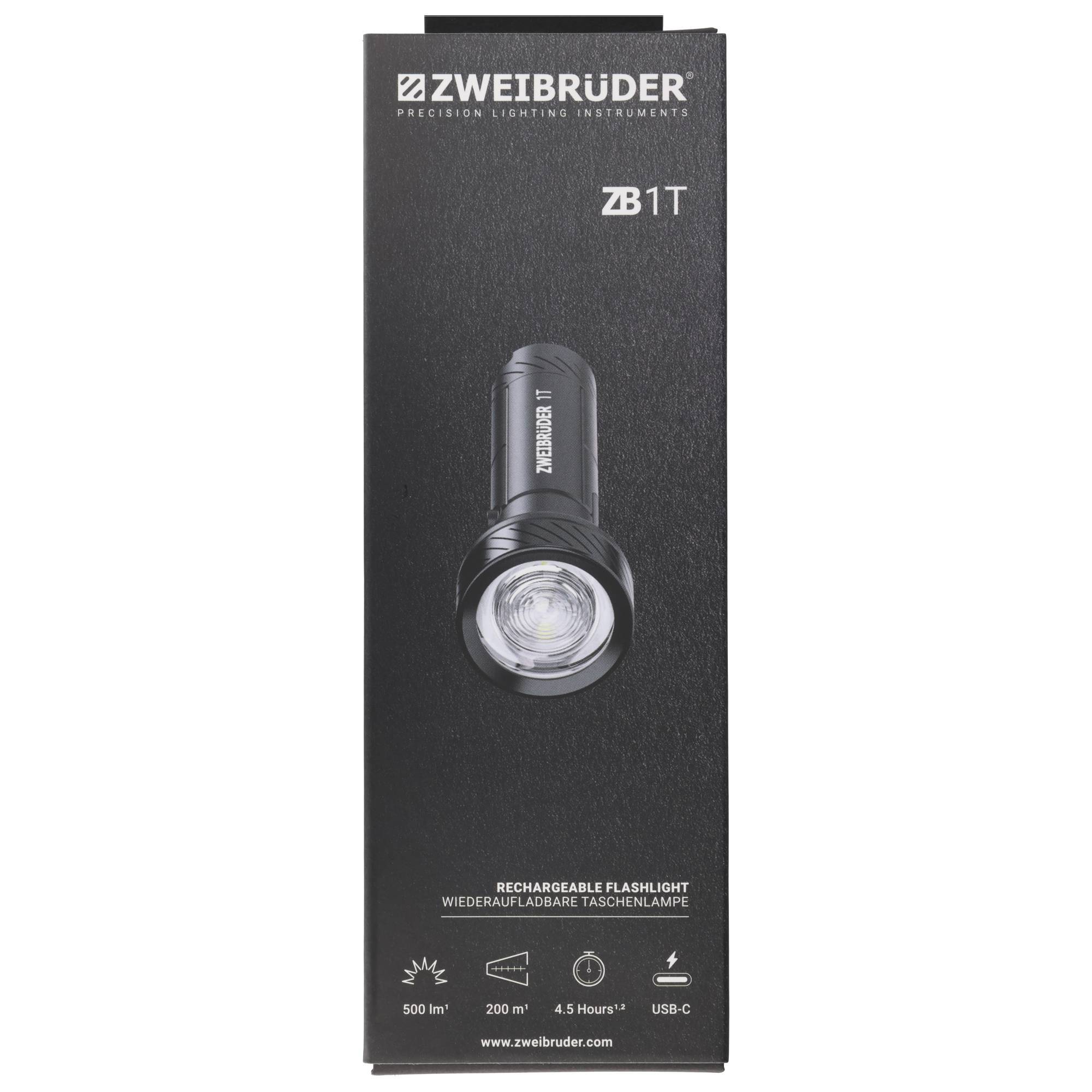 Schwarze ZWEIBRÜDER ZB1T wiederaufladbare Taschenlampe Box mit Produktabbildung, 500 lm, 200 m Reichweite, 4,5 h Laufzeit, USB-C-Aufladung.