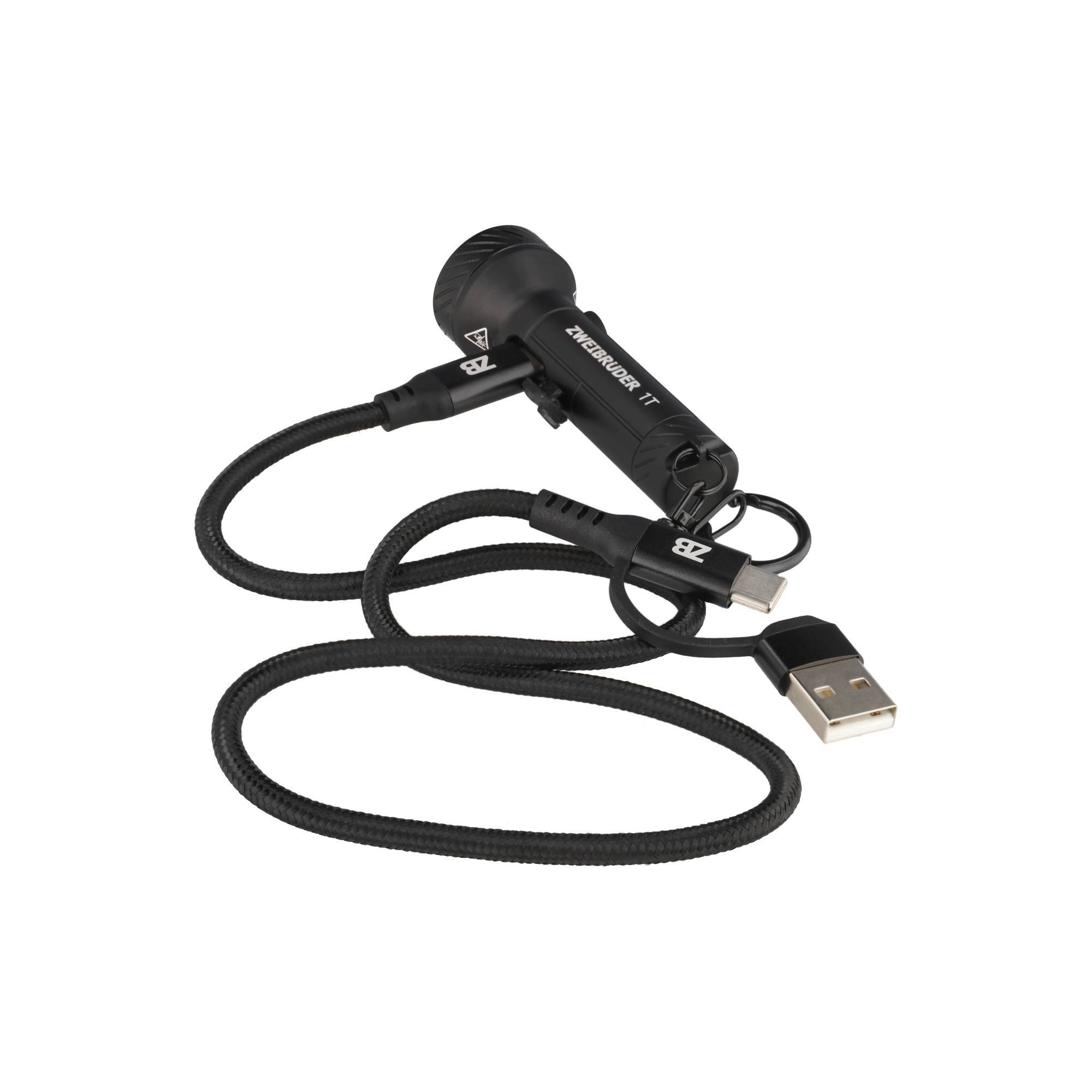 Schwarzes geflochtenes USB-Kabel mit einem kompakten Clip-Gerät und Standard-USB-A-Anschluss auf weißem Hintergrund.