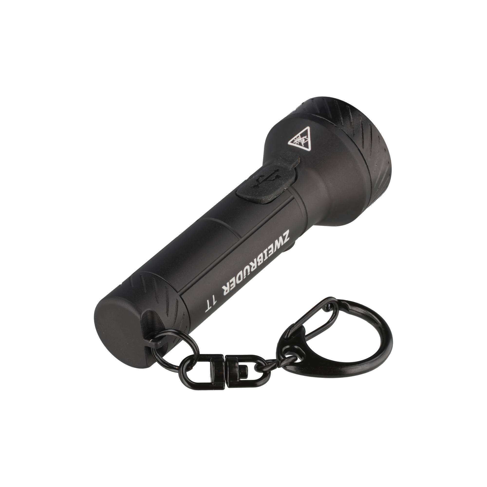 Schwarze Zebralight-Taschenlampe mit Schlüsselring, auf weißem Hintergrund dargestellt.