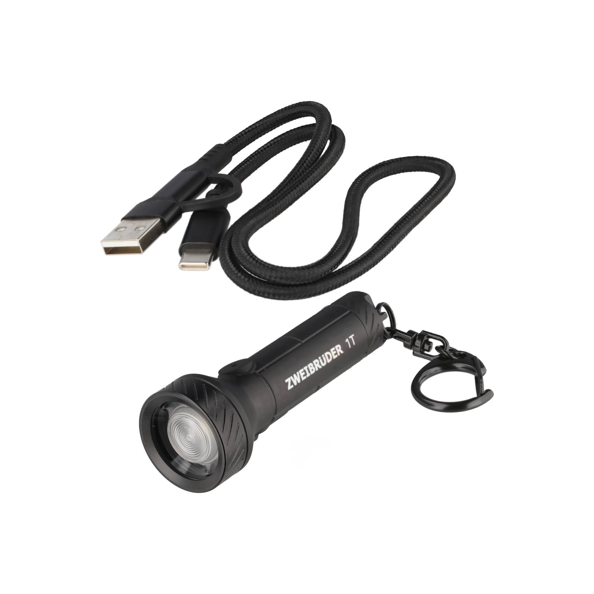 Schwarze ZWEIUDRDER T7 Taschenlampe mit Handgelenkschlaufe und geflochtenem USB-Ladekabel auf weißem Hintergrund.