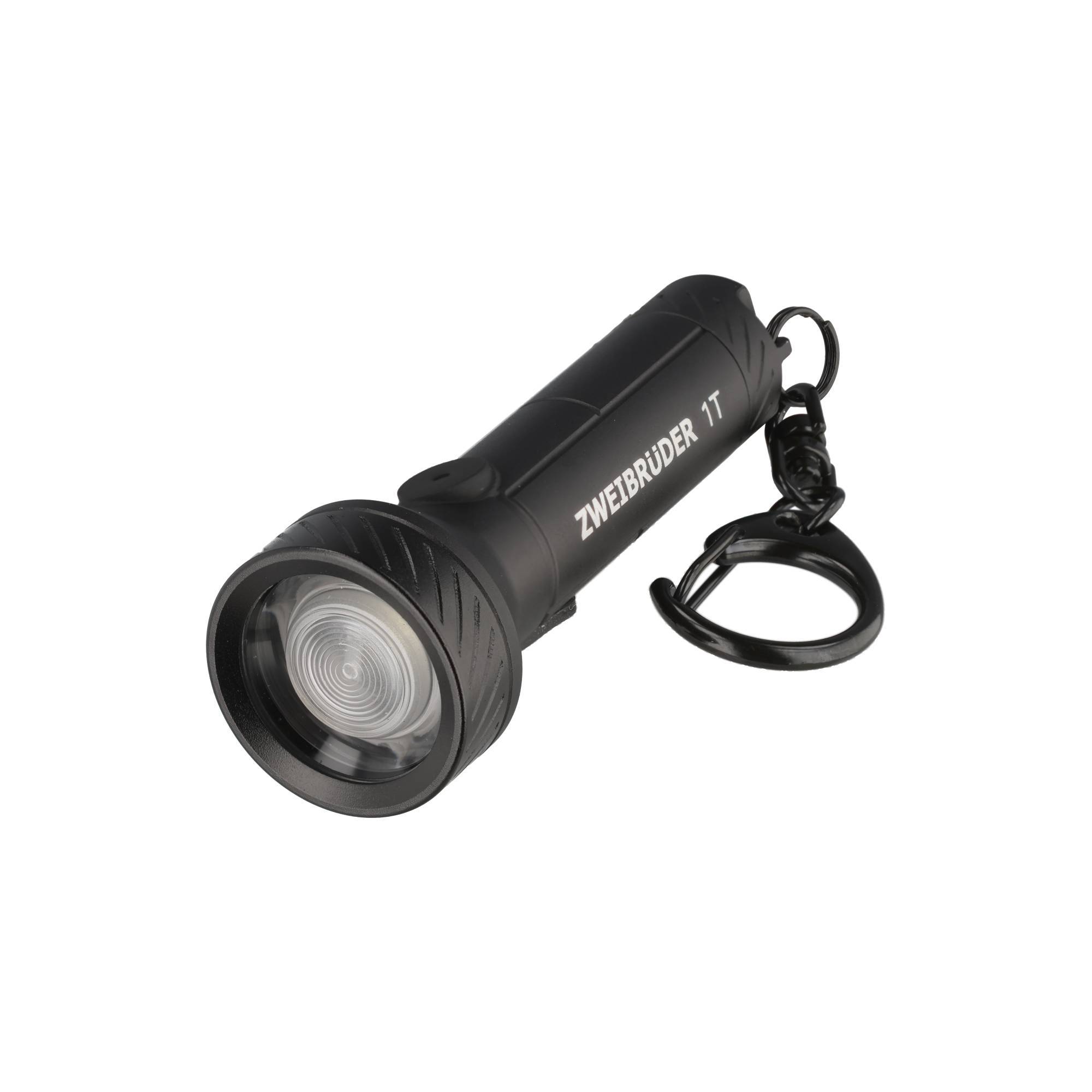 Schwarze ZWEIBRUDER 1T Taschenlampe mit großer Linse und angebrachtem Schlüsselring auf weißem Hintergrund.