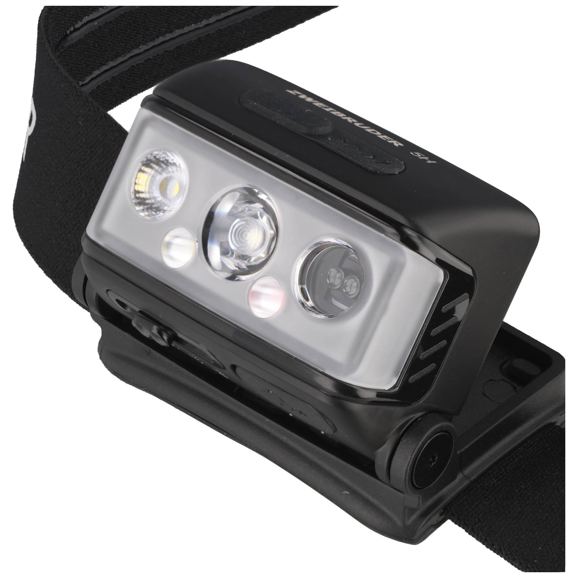 Schwarze verstellbare Kopflampe mit drei LED-Leuchten an einem elastischen Band, auf weißem Hintergrund dargestellt.