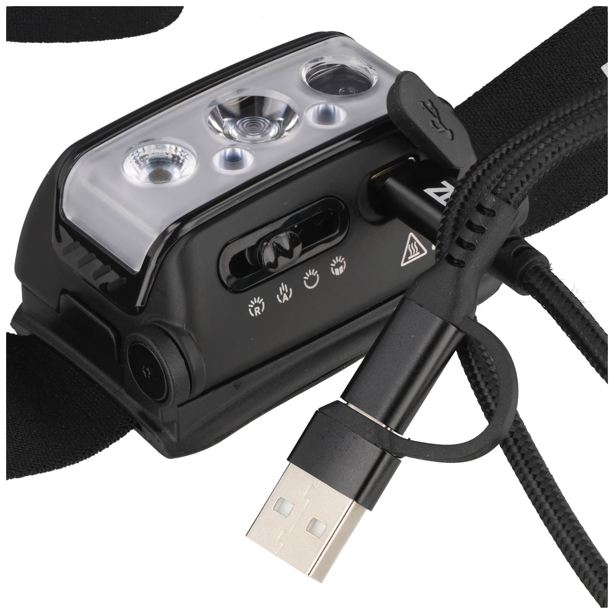 Schwarze wiederaufladbare Stirnlampe mit USB-Ladekabel und verstellbarem Riemen, in Nahaufnahme auf weißem Hintergrund dargestellt.