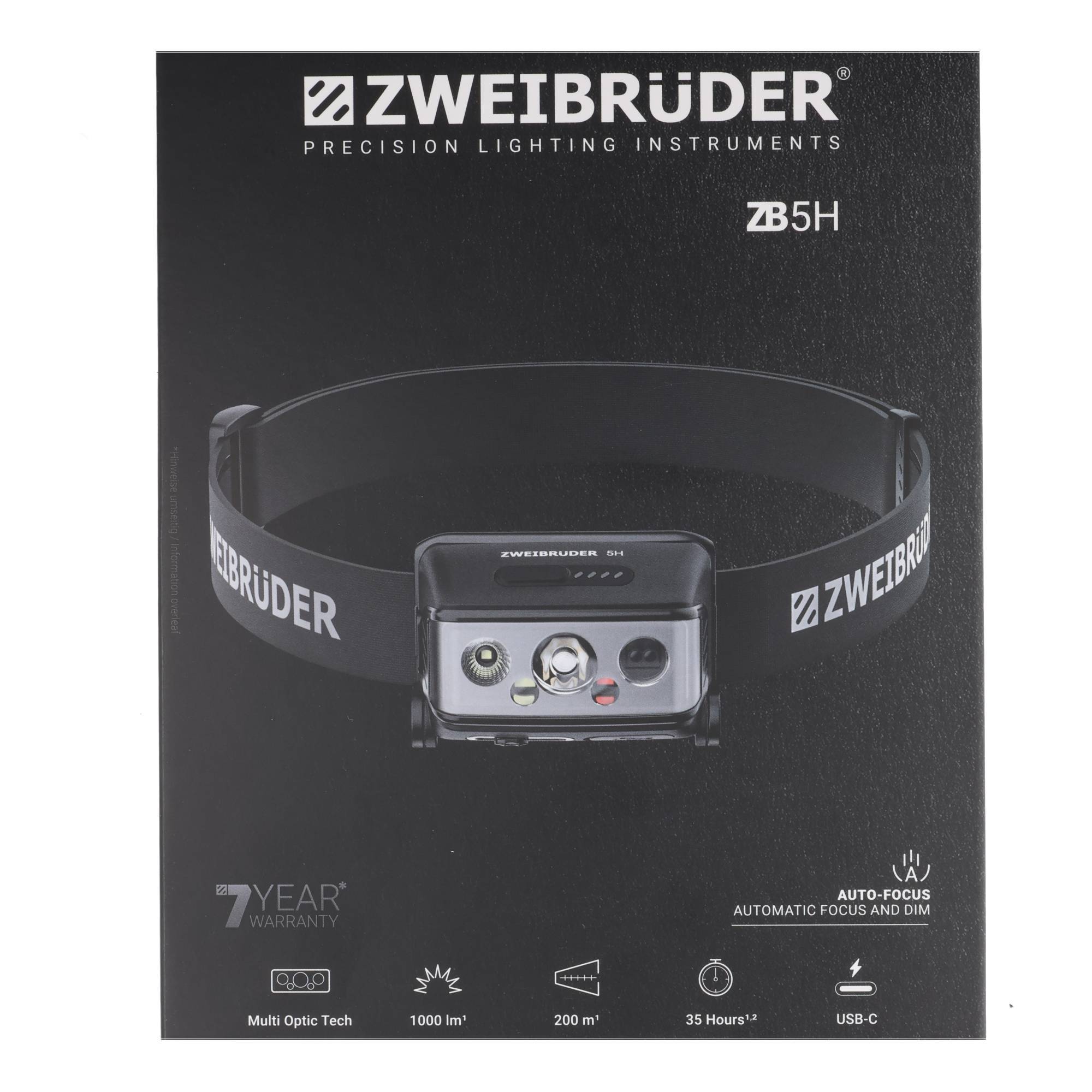 Schwarze ZWEIBRÜDER ZB5H Stirnlampenbox mit zentral angeordnetem Produkt und Kennzeichnungen für 1000 lm, 200 m, 35 Stunden, USB-C und 7 Jahre Garantie.