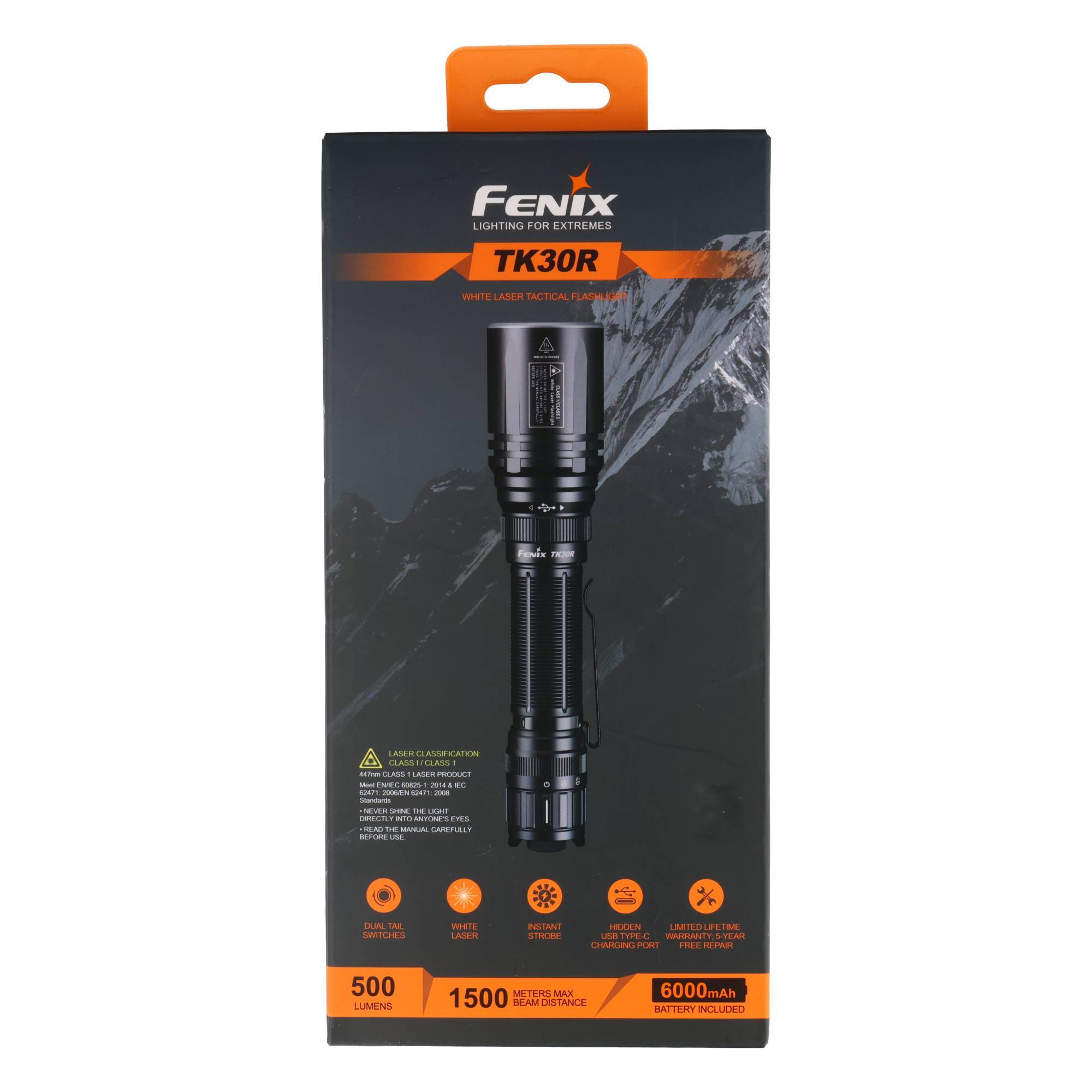 Verpackung für eine Fenix TK30R Taschenlampe, zeigt das Produktbild und die Spezifikationen: 500 Lumen, 1500 Meter Leuchtweite, 6000mAh Akku enthalten.