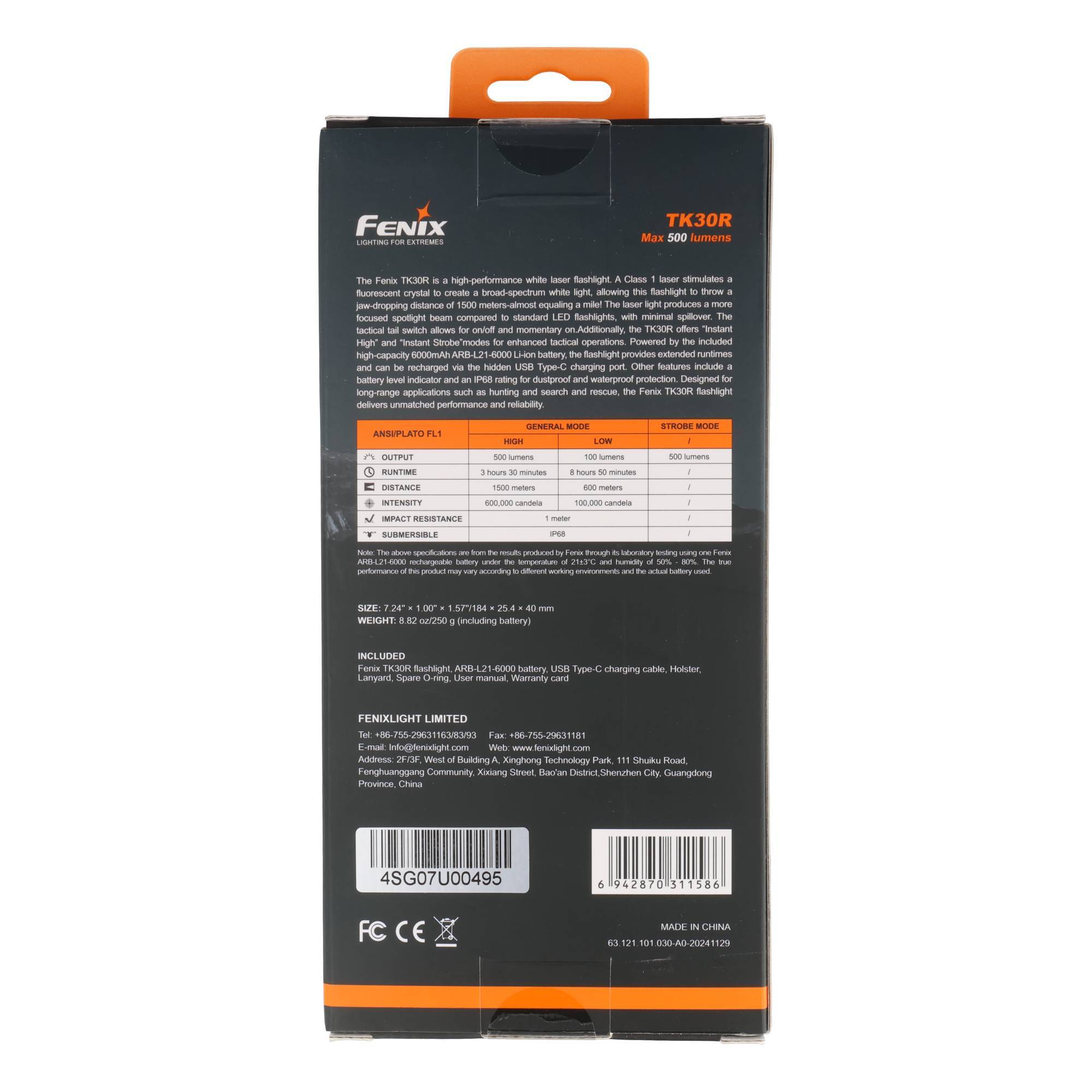 Rückseite einer Fenix TK30R-Taschenlampenverpackung, die Produktspezifikationen, eine Funktionstabelle, einen Barcode und Branding auf einer schwarzen Schachtel mit orangefarbenen Akzenten zeigt.