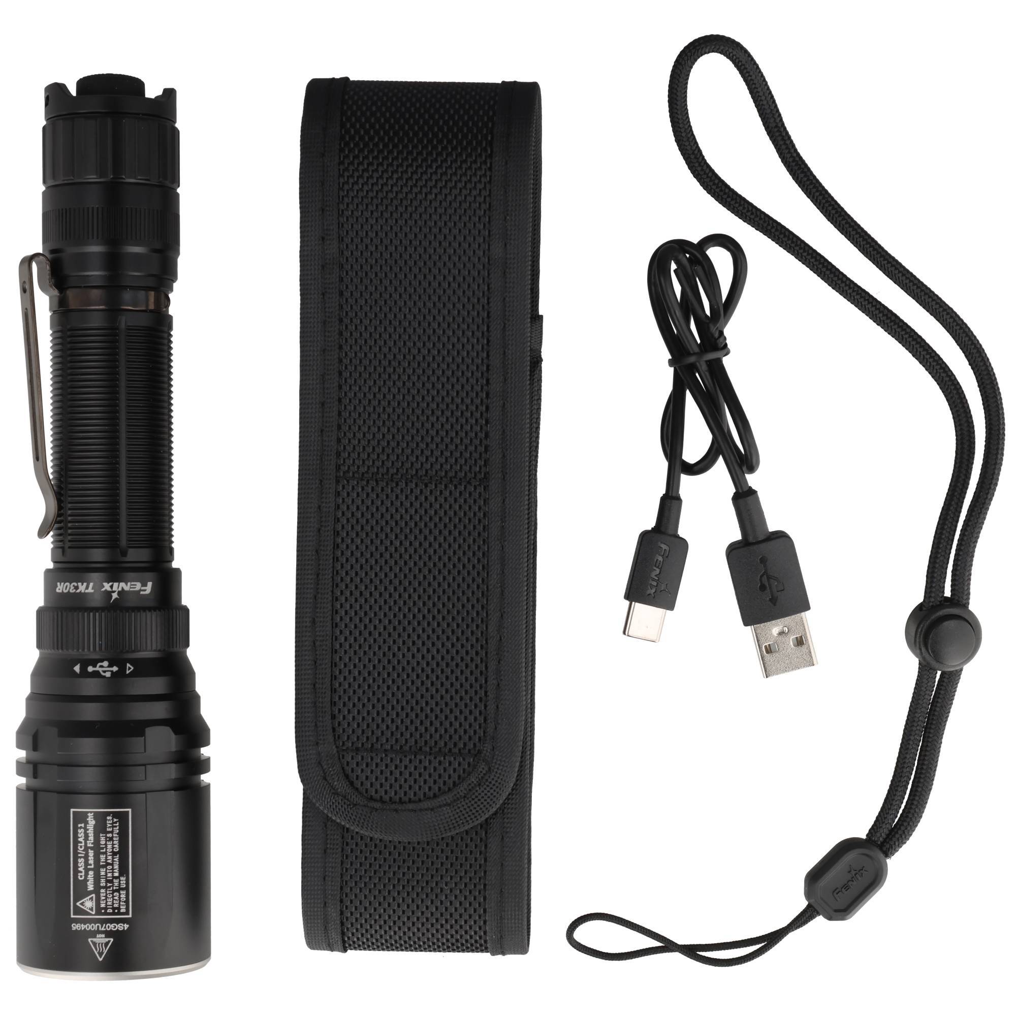 Schwarze Taschenlampe mit Tragetasche, USB-Ladekabel und Handgelenkschlaufe auf weißem Hintergrund.