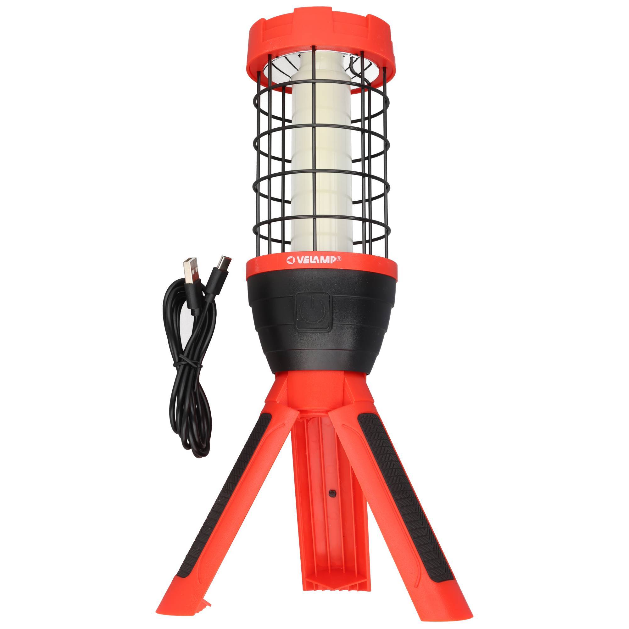 Tragbare rot-schwarze LED-Inspektionsleuchte in Käfigform auf einem klappbaren Stativ, mit einem Stromkabel daneben.