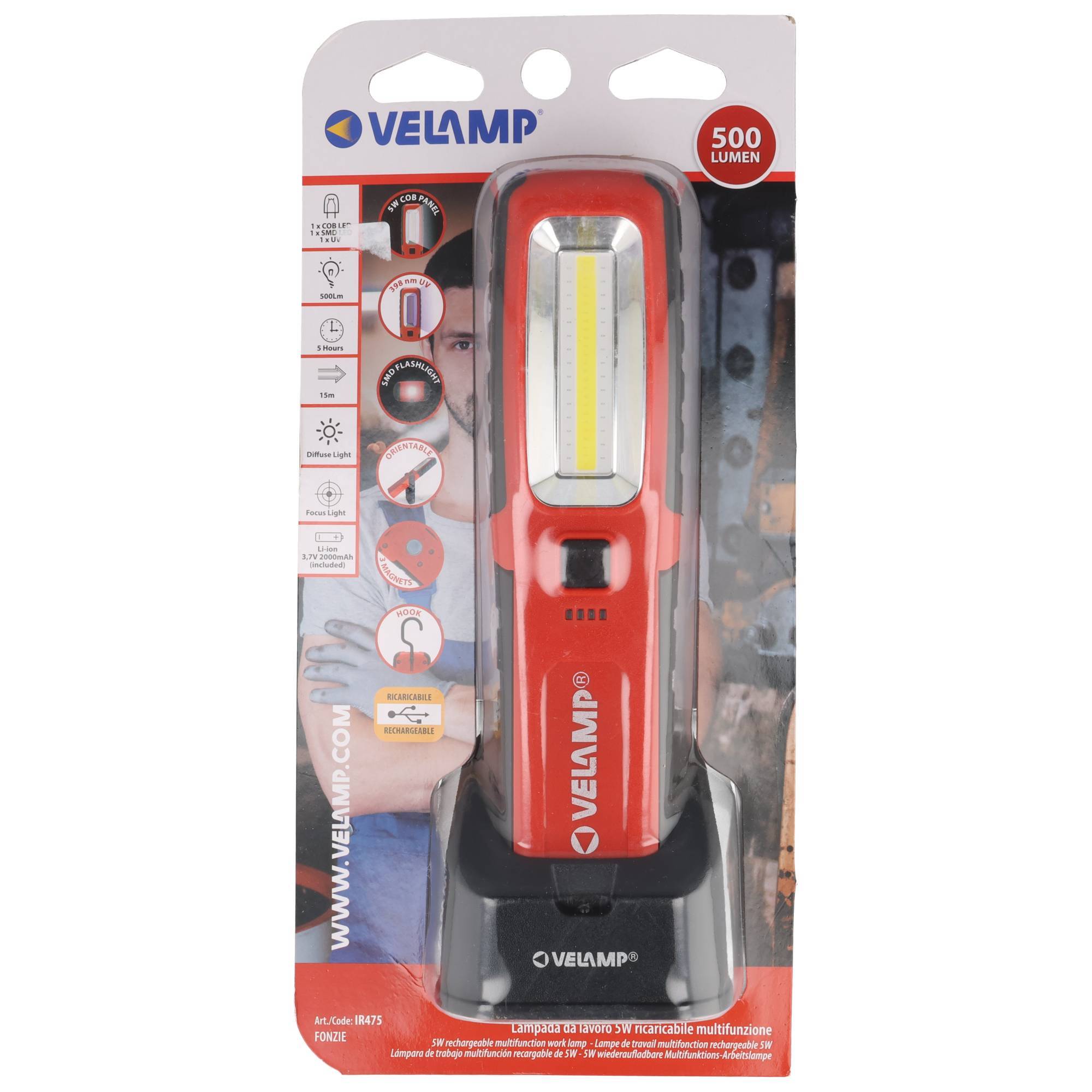 Verpackte rote Velamp aufladbare Arbeitsleuchte auf einer Ladebasis, mit 500-Lumen-Kennzeichnung, präsentiert in Einzelhandelverpackung mit Funktionssymbolen.