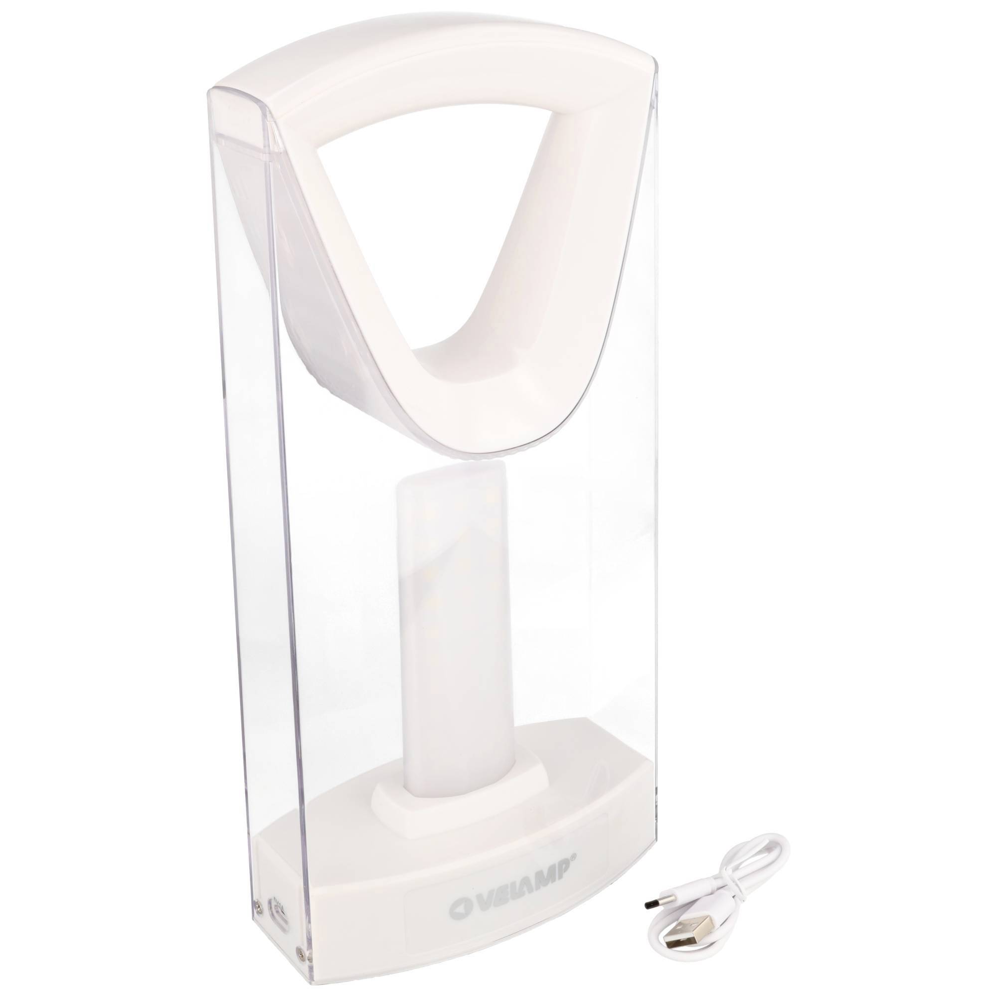 Weißer kabelloser Ventilator in durchsichtiger Einzelhandelsverpackung mit USB-Stromkabel daneben.