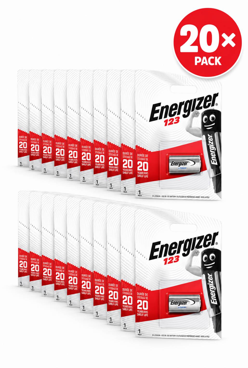 Zwei Reihen von Energizer-123-Batterie-20er-Packboxen mit einem roten „20x PACK