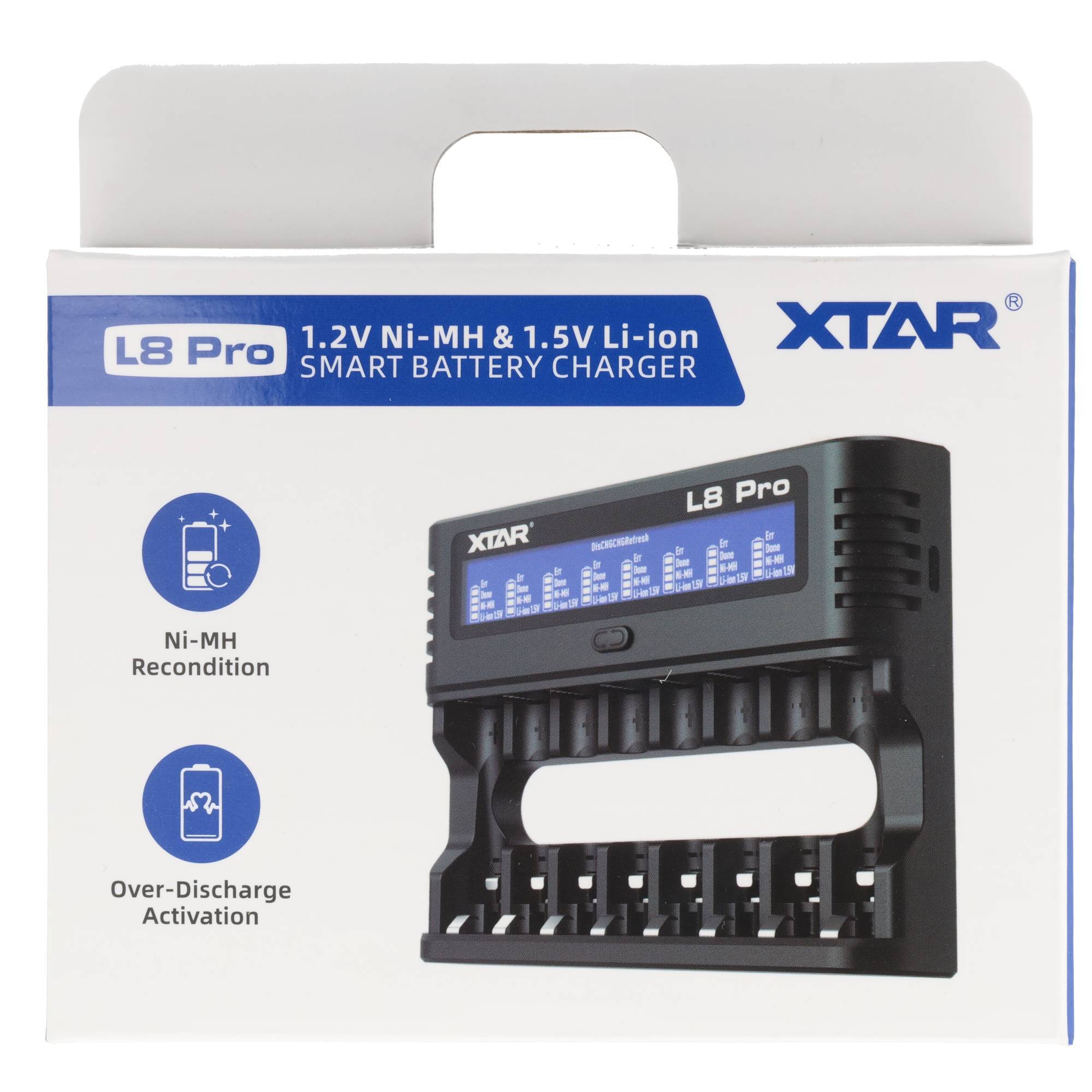 Schachteln für XTAR L8 Pro intelligentes Batterieladegerät, gekennzeichnet mit „1,2V Ni-MH & 1,5V Li-Ion