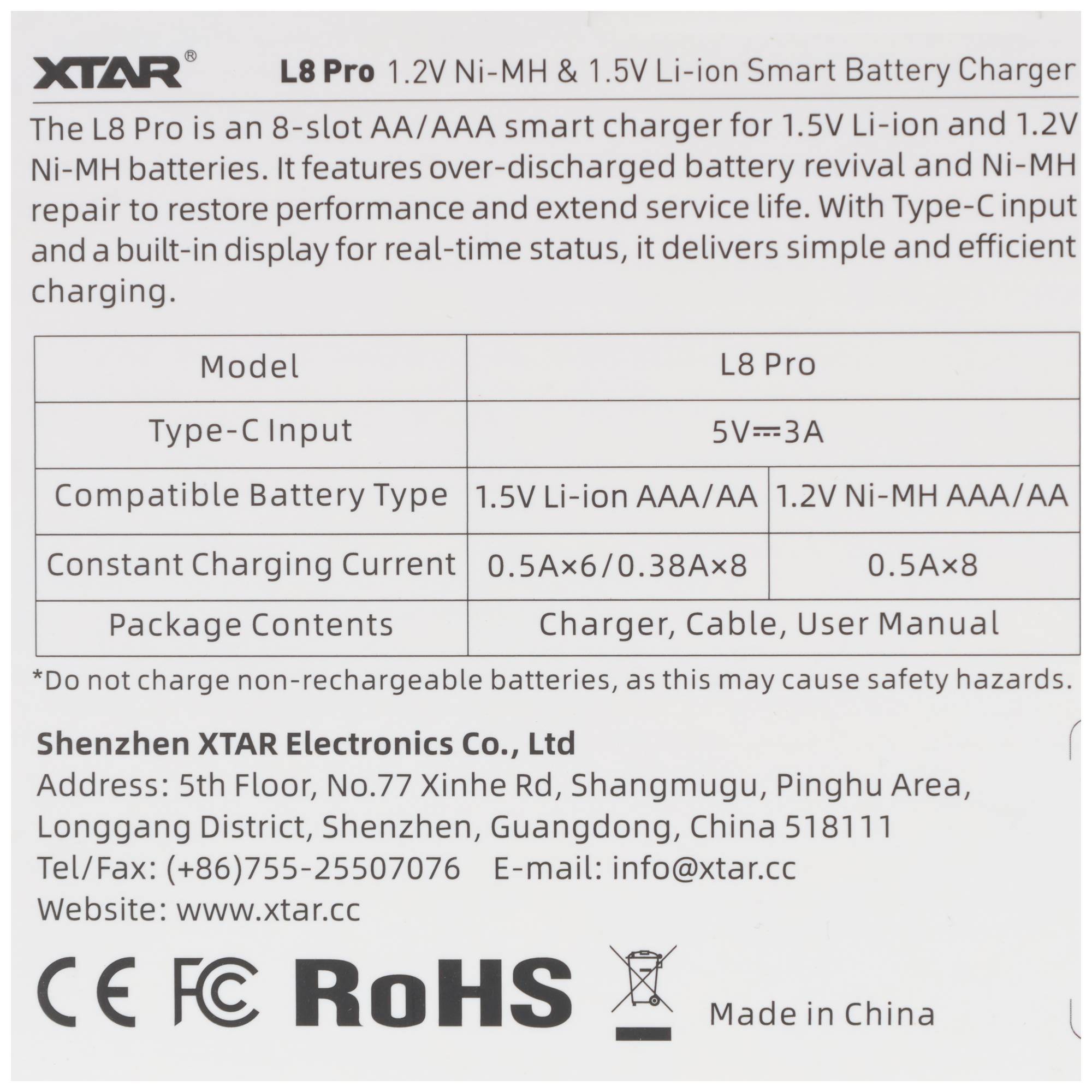 XTAR L8 Pro intelligenter Akkuladestation Spezifikationstabelle: 8-Platz-AAA/AA-Ladegerät für 1,5V Li-Ion und 1,2V Ni-MH, USB-C-Eingang, Paketinhalt.