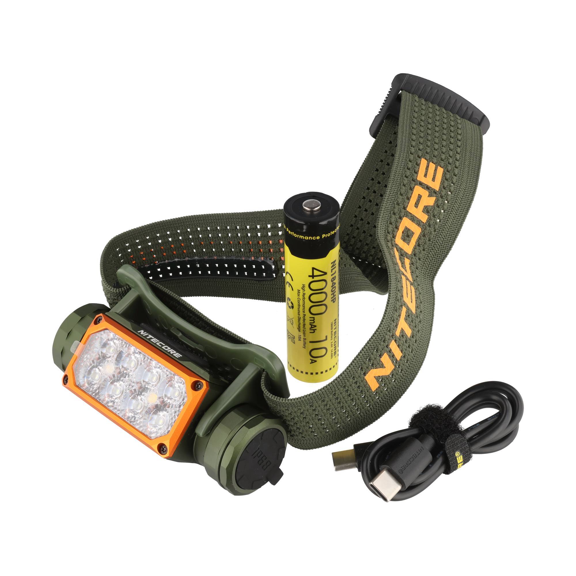 Grünes NITECORE-Stirnlampeset mit verstellbarem Riemen, Batterie und Ladekabel auf weißem Hintergrund.