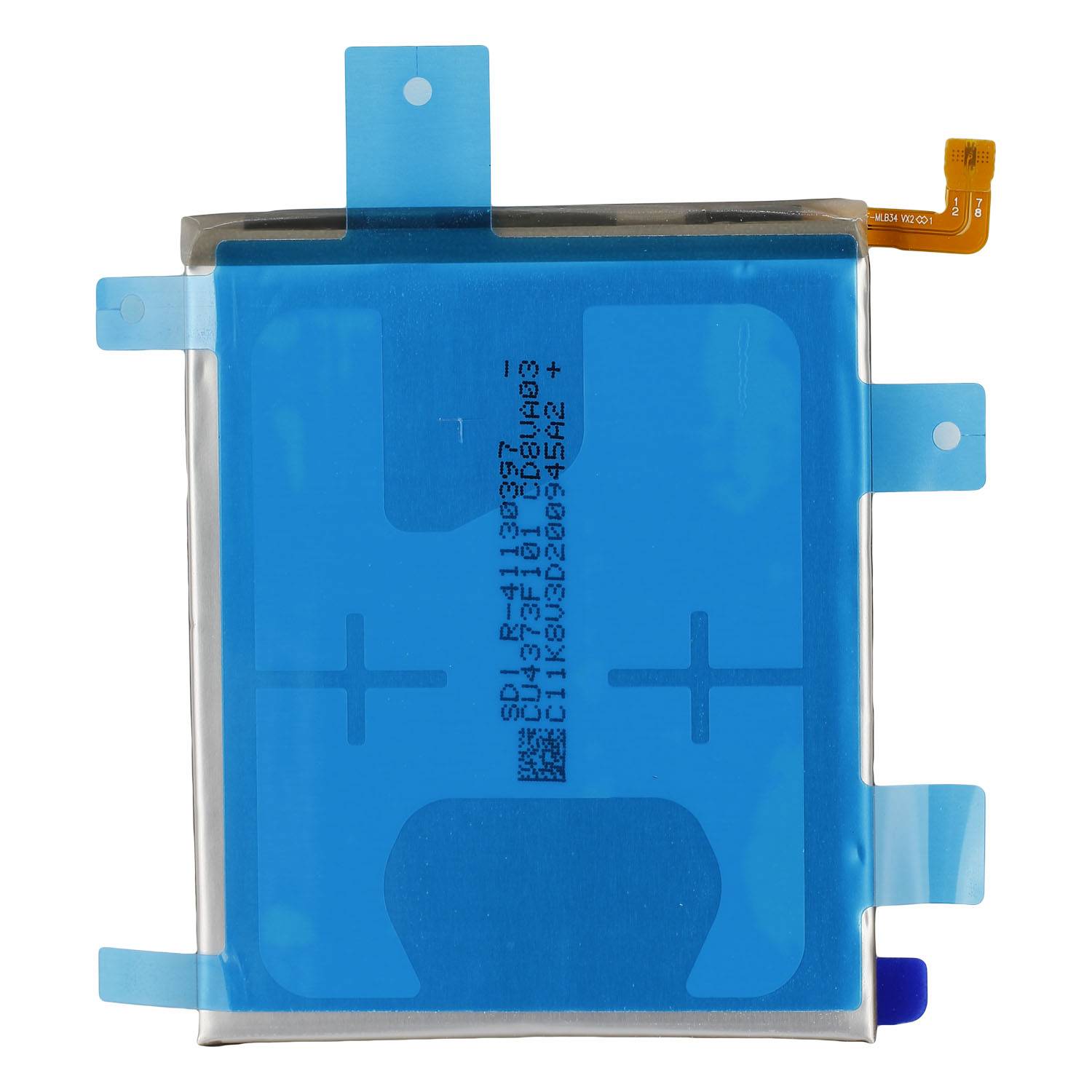 Blaue rechteckige Lithium-Ionen-Batteriezelle mit Metallfahnen und orangefarbenem Stecker, dargestellt auf weißem Hintergrund.