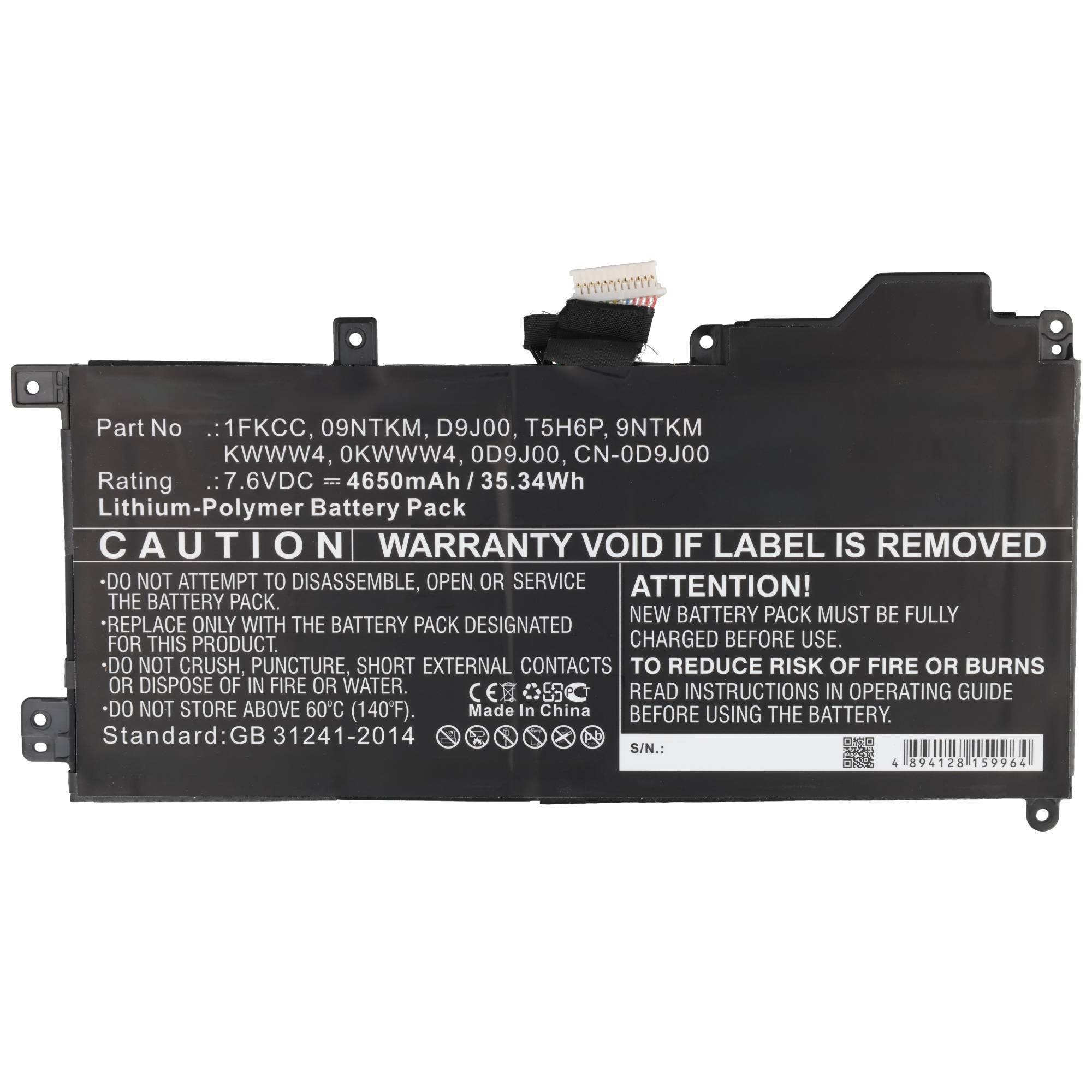 Laptop-Lithium-Polymer-Akkupack mit Warn- und Vorsichtshinweisen, zeigt Teilenummern und 7,6 V 4650 mAh Kapazität.