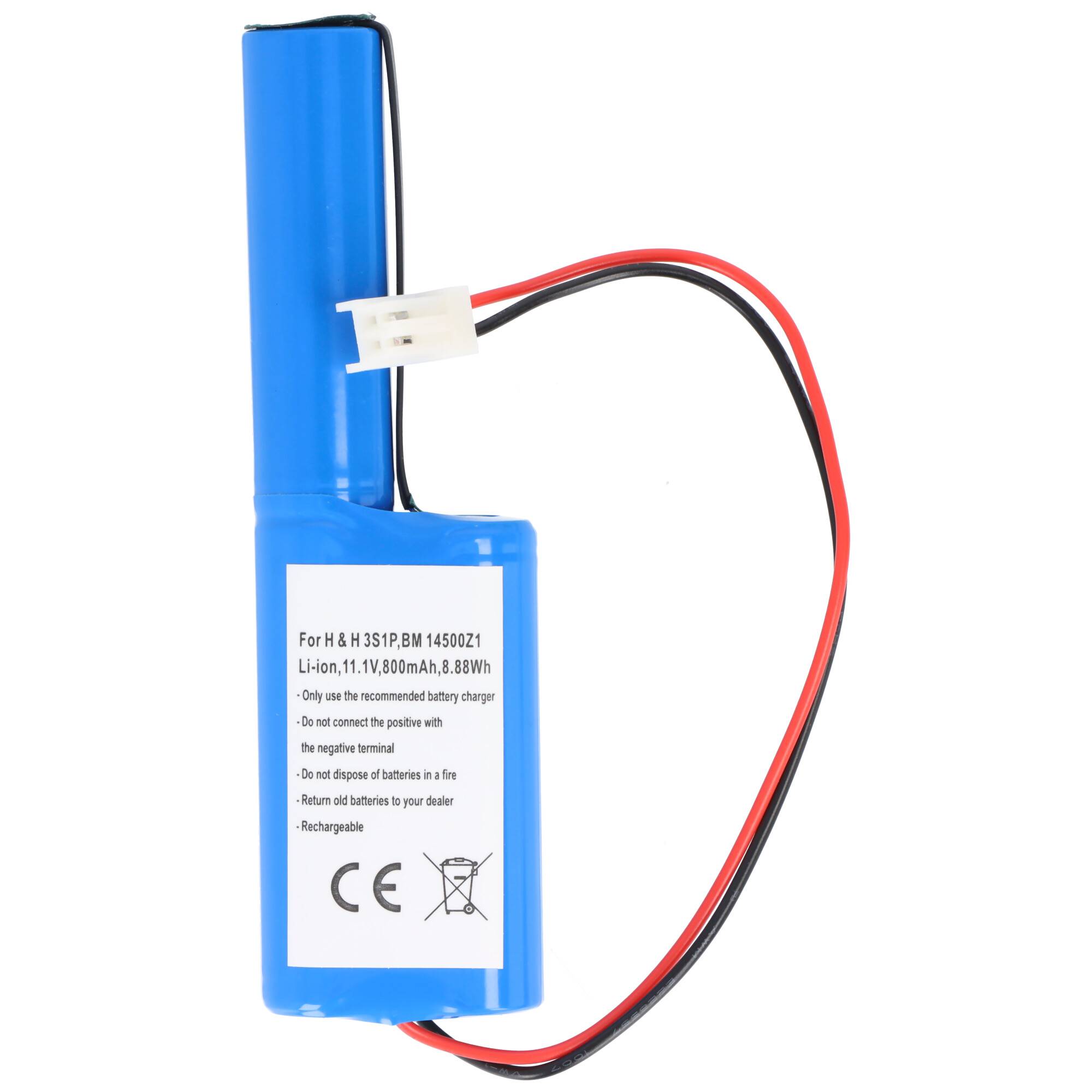 Blauer wiederaufladbarer Akkupack mit roten und schwarzen Kabeln und einem weißen Stecker, mit der Bezeichnung 
