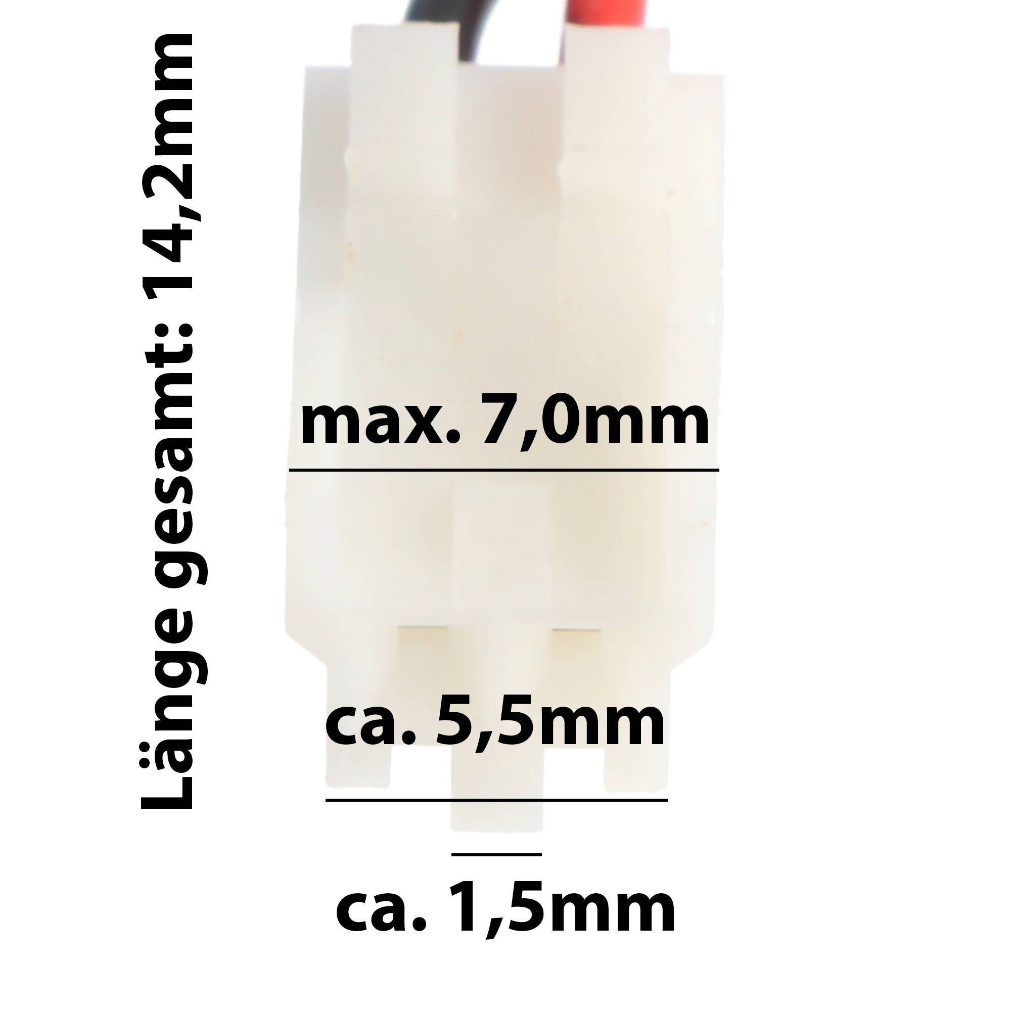 Weißer 3-poliger Steckverbinder mit Schaltplan mit Abmessungen in Millimetern bezeichnet: Gesamtlänge 14,2 mm, max. 7,0 mm, ca. 5,5 mm, ca. 1,5 mm.