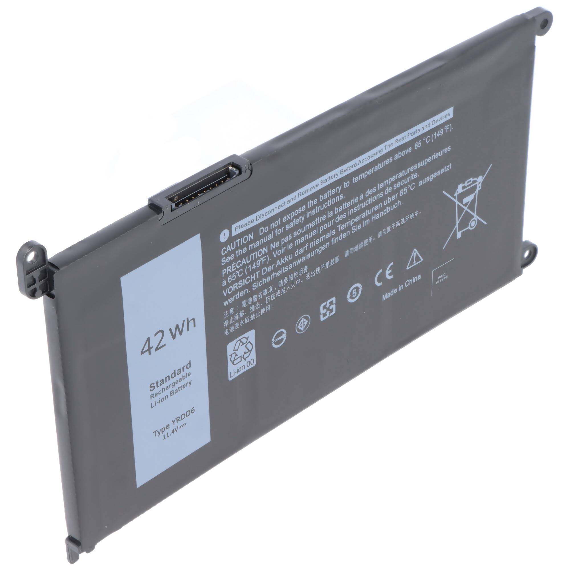 Laptop-Akku mit einer Bezeichnung von 42 Wh, dargestellt in einem grauen rechteckigen Gehäuse mit Stecker und Befestigungslaschen.