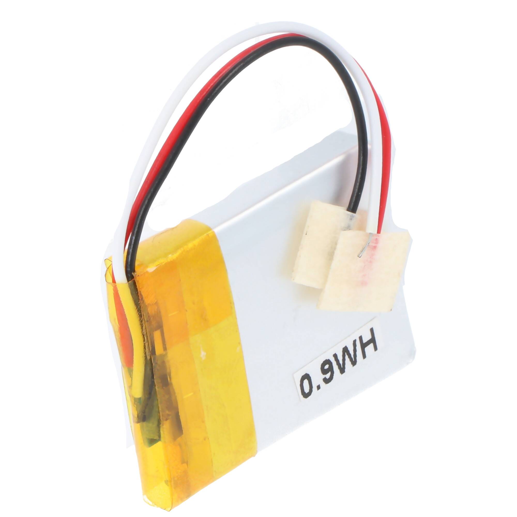 Kleine rechteckige Lithium-Batteriepacks mit roten, schwarzen und weißen Drähten und einem geklebten Etikett 
