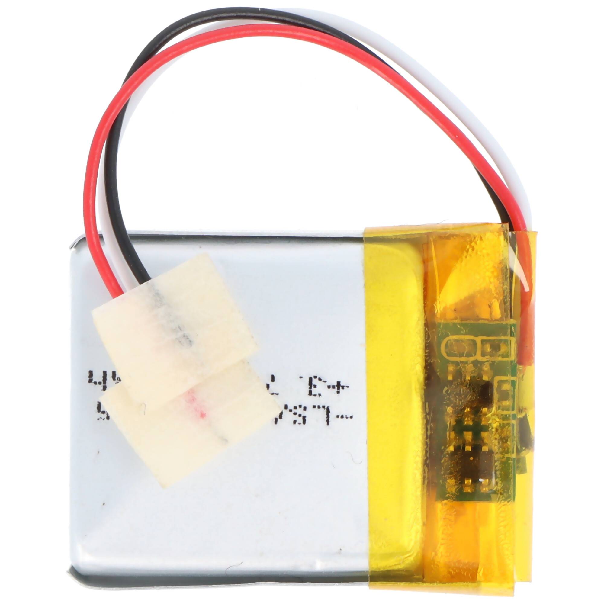 Kleines Lithium-Ionen-Batteriepack mit angebrachten roten, schwarzen und weißen Drähten, mit Klebeband befestigt und gelbem Isolierfilm.