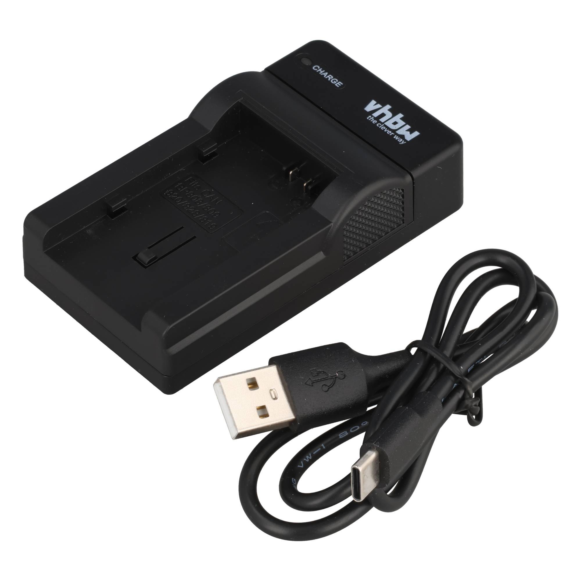 Schwarze USB-Batterieladestation mit USB-Kabel, gezeigt auf weißem Hintergrund.